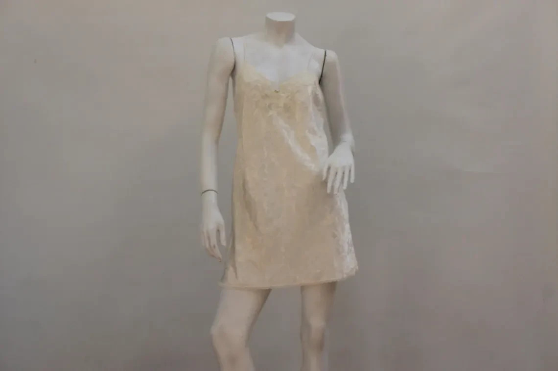 Vintage Creme Damask Print Short Satin Slip Dress By LA II Negligee Lingerie