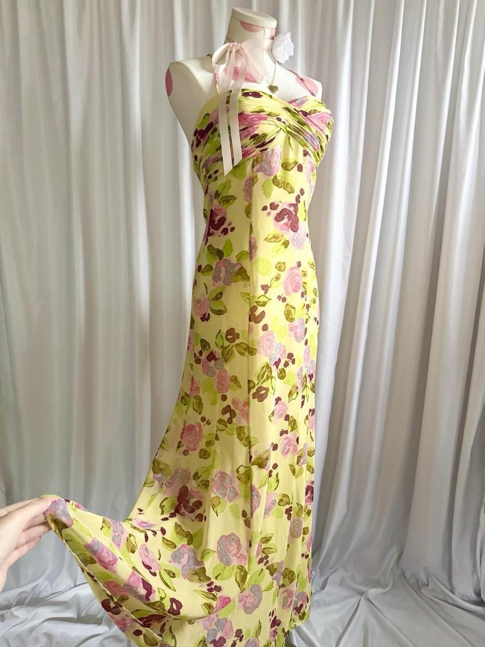 Vintage Y2K Yellow Pink Floral Fairy Silk Pleated Vacation Formal Gown Dress 6