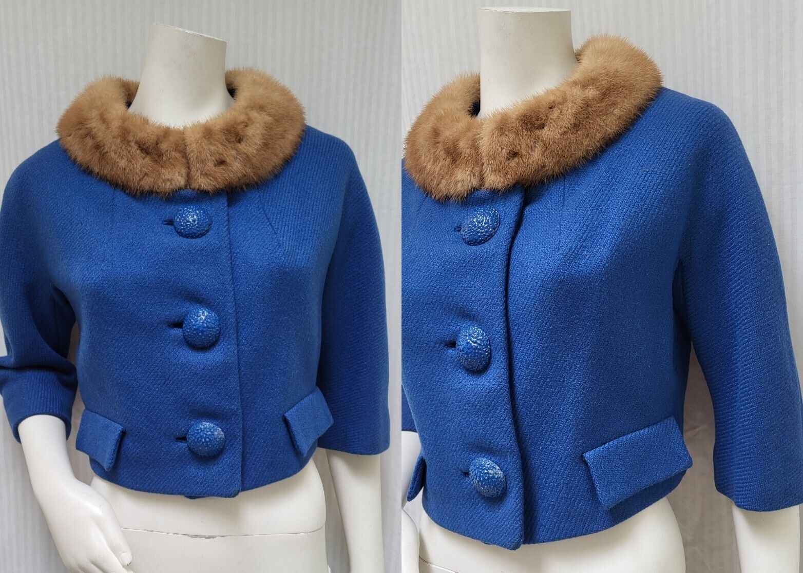 Vintage 1950/60’s Blue Wool Dolman Sleeve Fur Collar Cropped Jacket – Size M