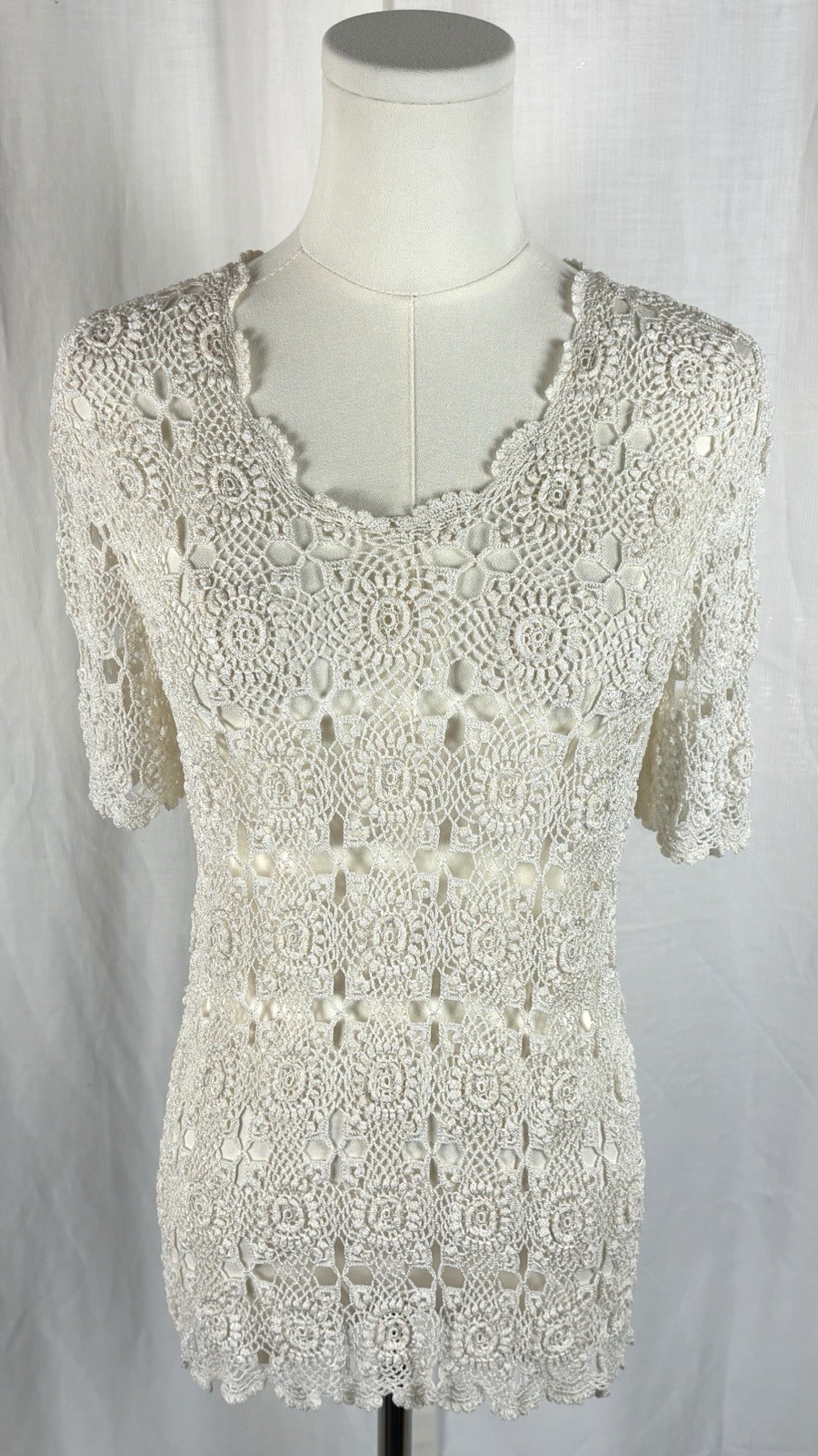 Vintage 70s Hand Crocheted Boho Crochet Top Cream Floral Lace Festival Hippie M