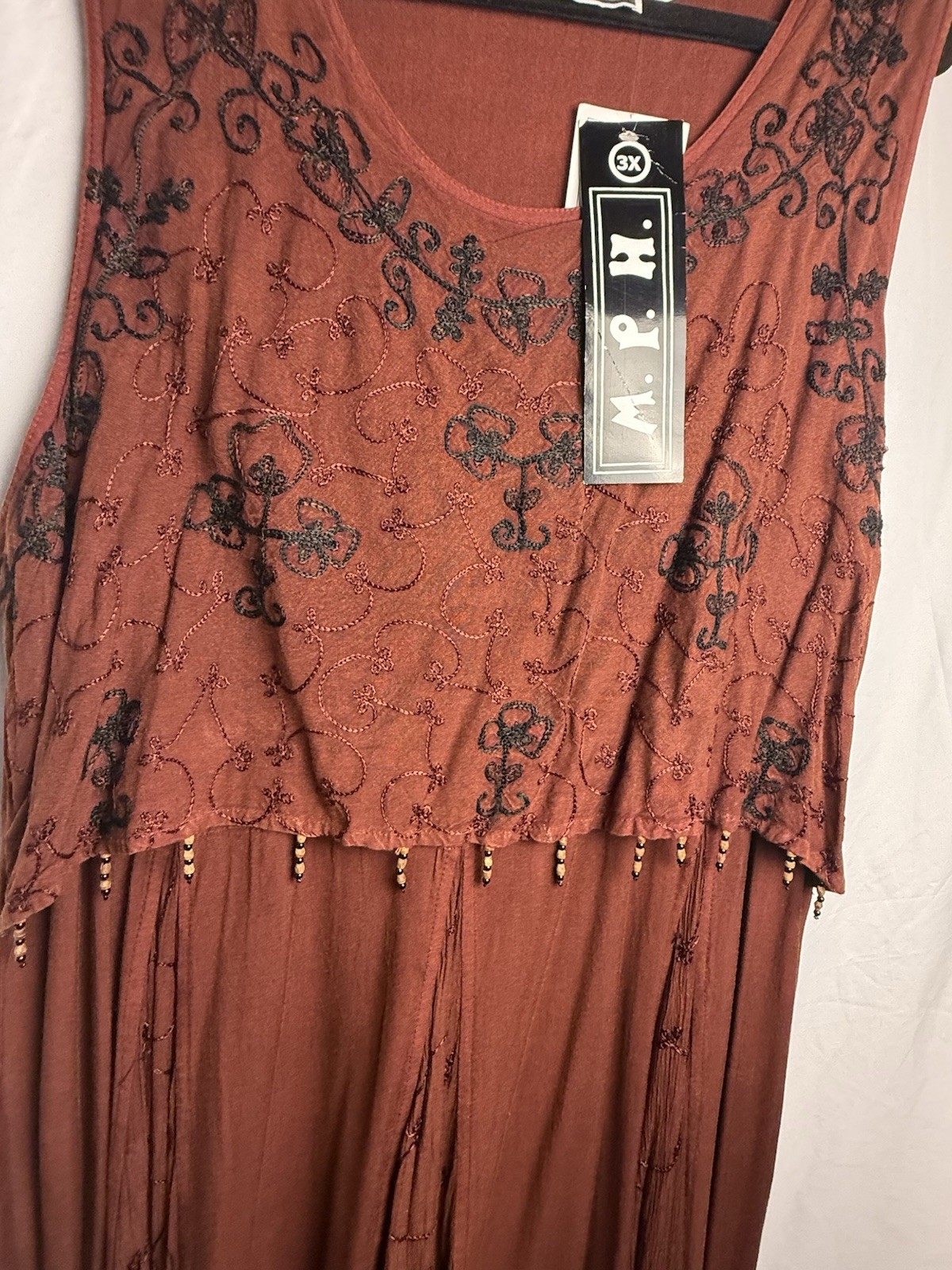 VTG Y2K M.P.H. 3X Artsy Boho Dress Burgundy Brown Beaded Gothic Lagenlook
