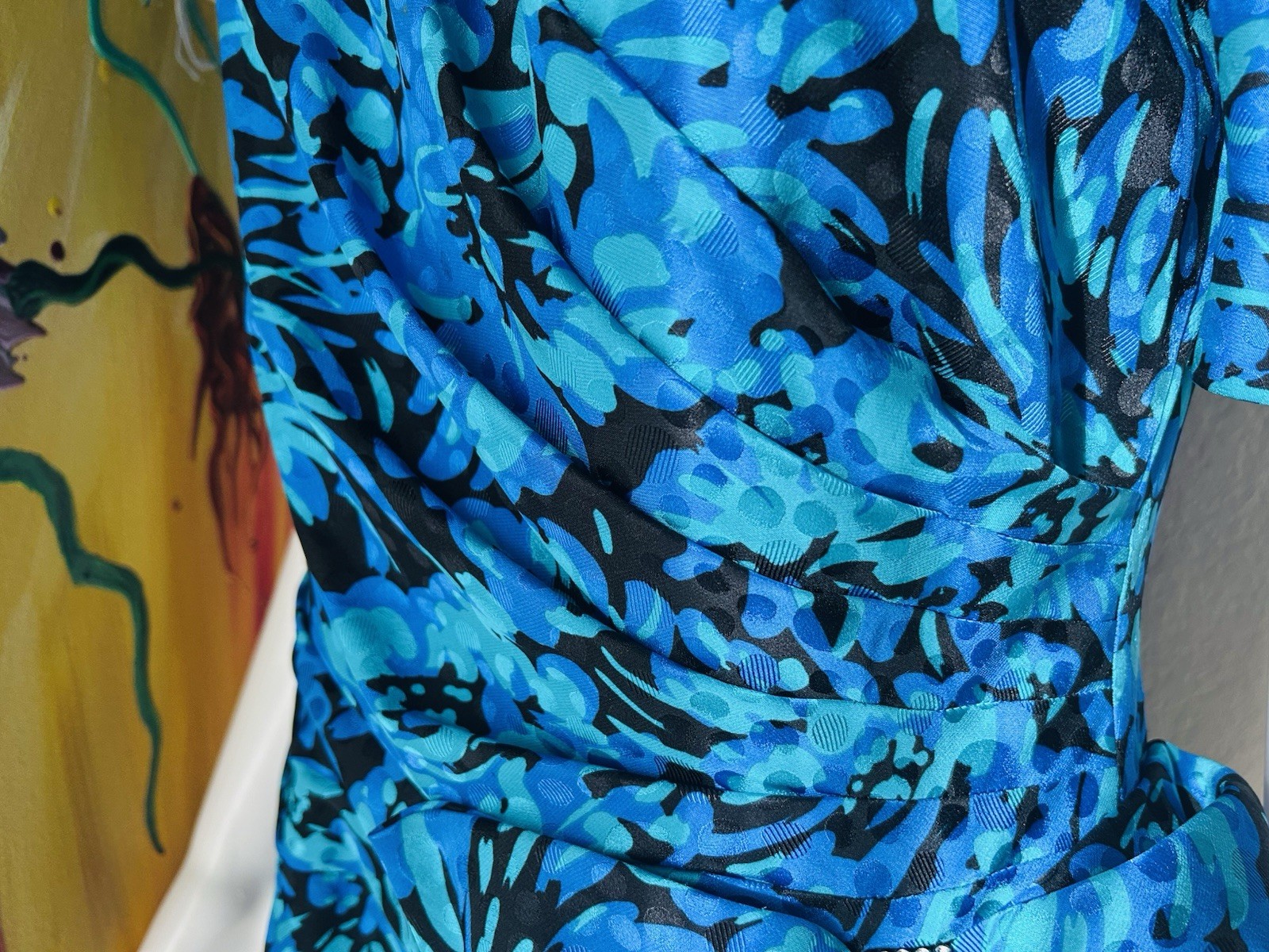 A.J. Bari Blue Floral Print Tiered Dress Bow 80s Vtg Sz 12 See Measurements