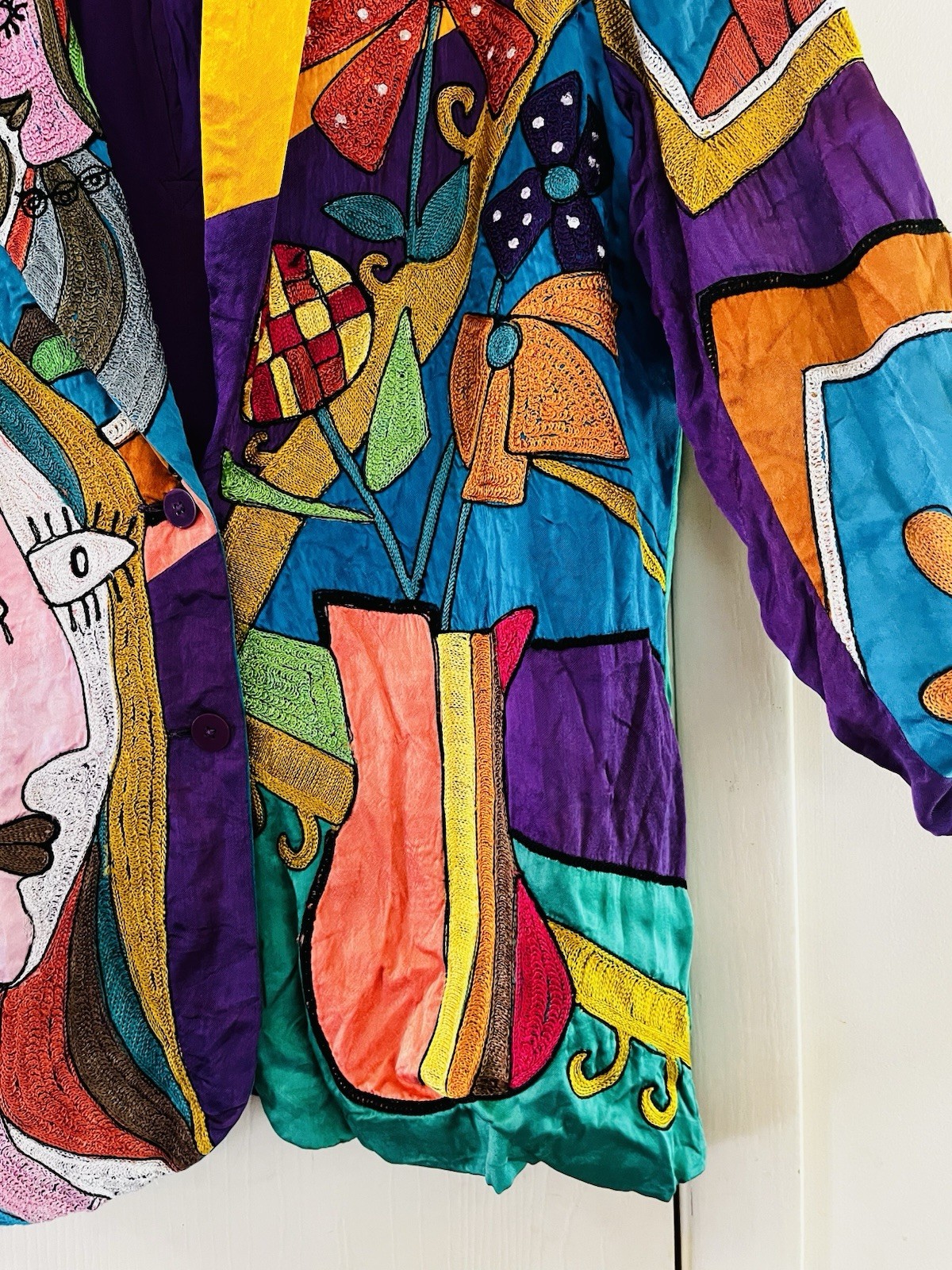 VTG Sandy Starkman Wearable Art Silk Picasso Inspired Boho Maximalism Jacket M