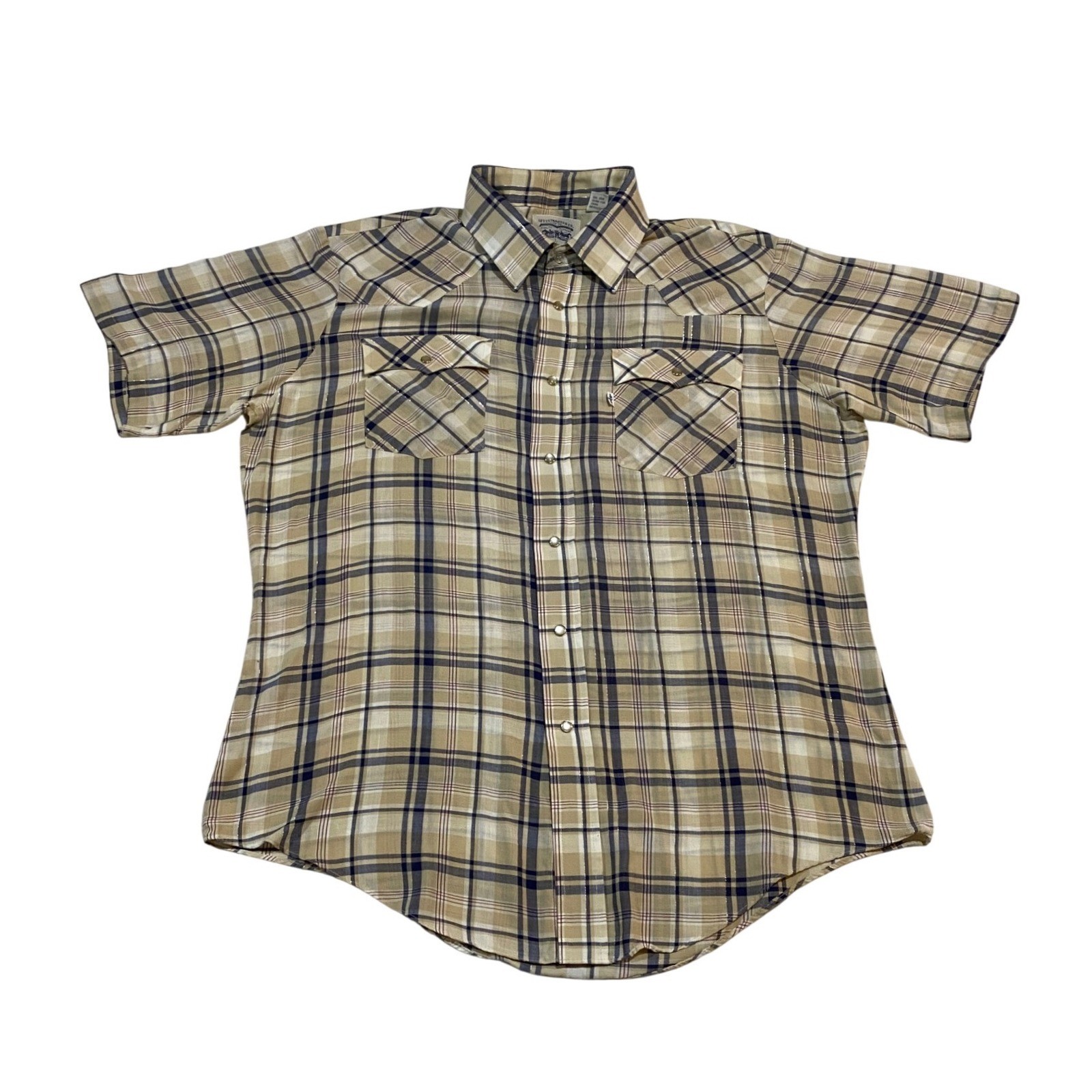 Vintage Levis Western Shirt Pearl Snap Plaid Gold Lurex Tan Navy Large Short Slv