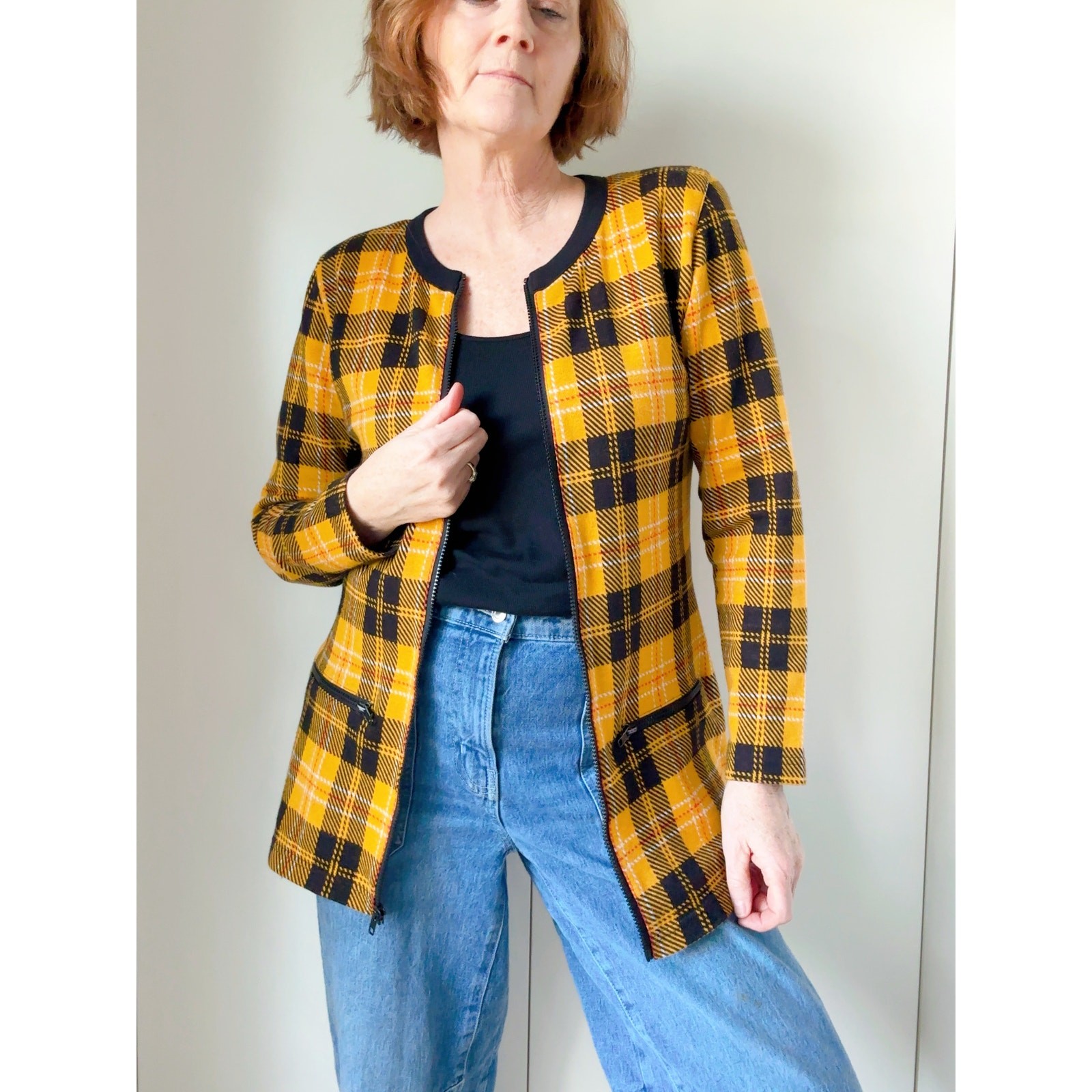 Vintage Yellow Plaid Cardigan Jacket Womens Size S 90s Preppy Clueless Inspired