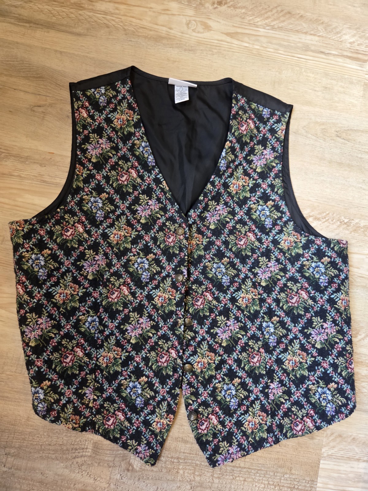 Floral Tapestry Vest Womens XL Black Brocade Granny Core Victorian White Stag