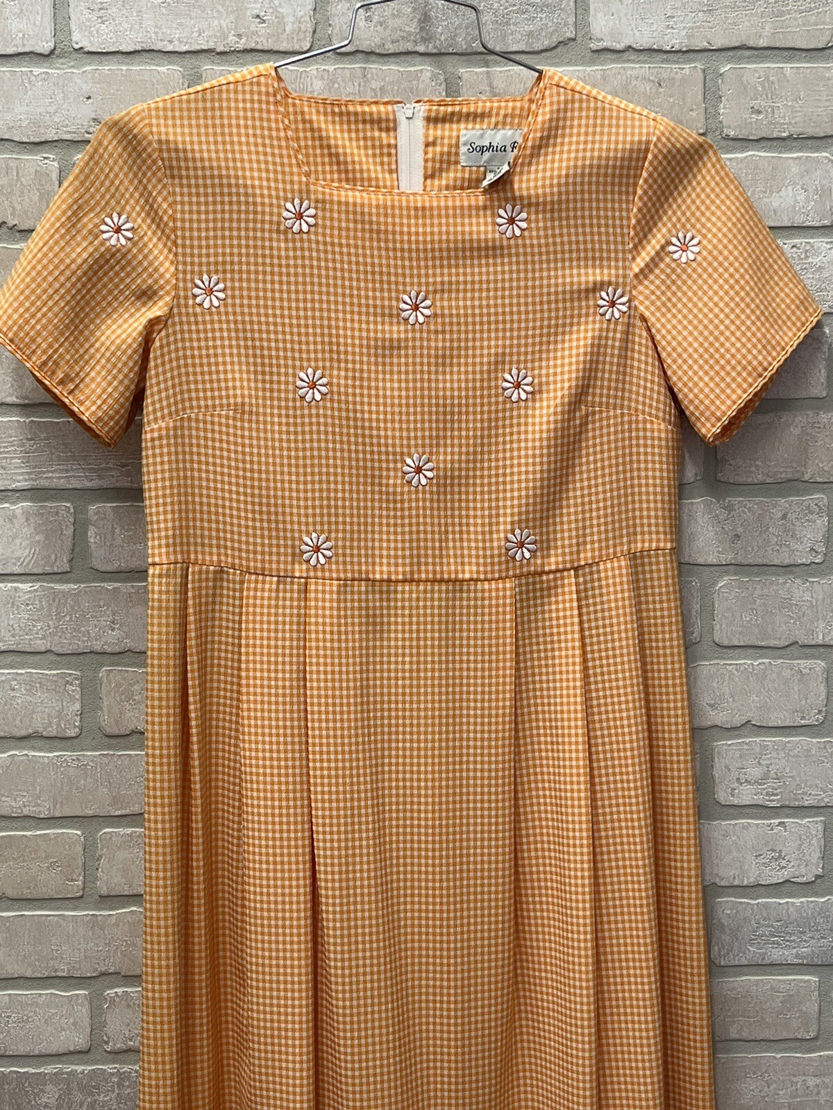 Vtg Sophia Rose Sz 10 Orange Daisy Check Midi Modest Dress Cottage Granny Core
