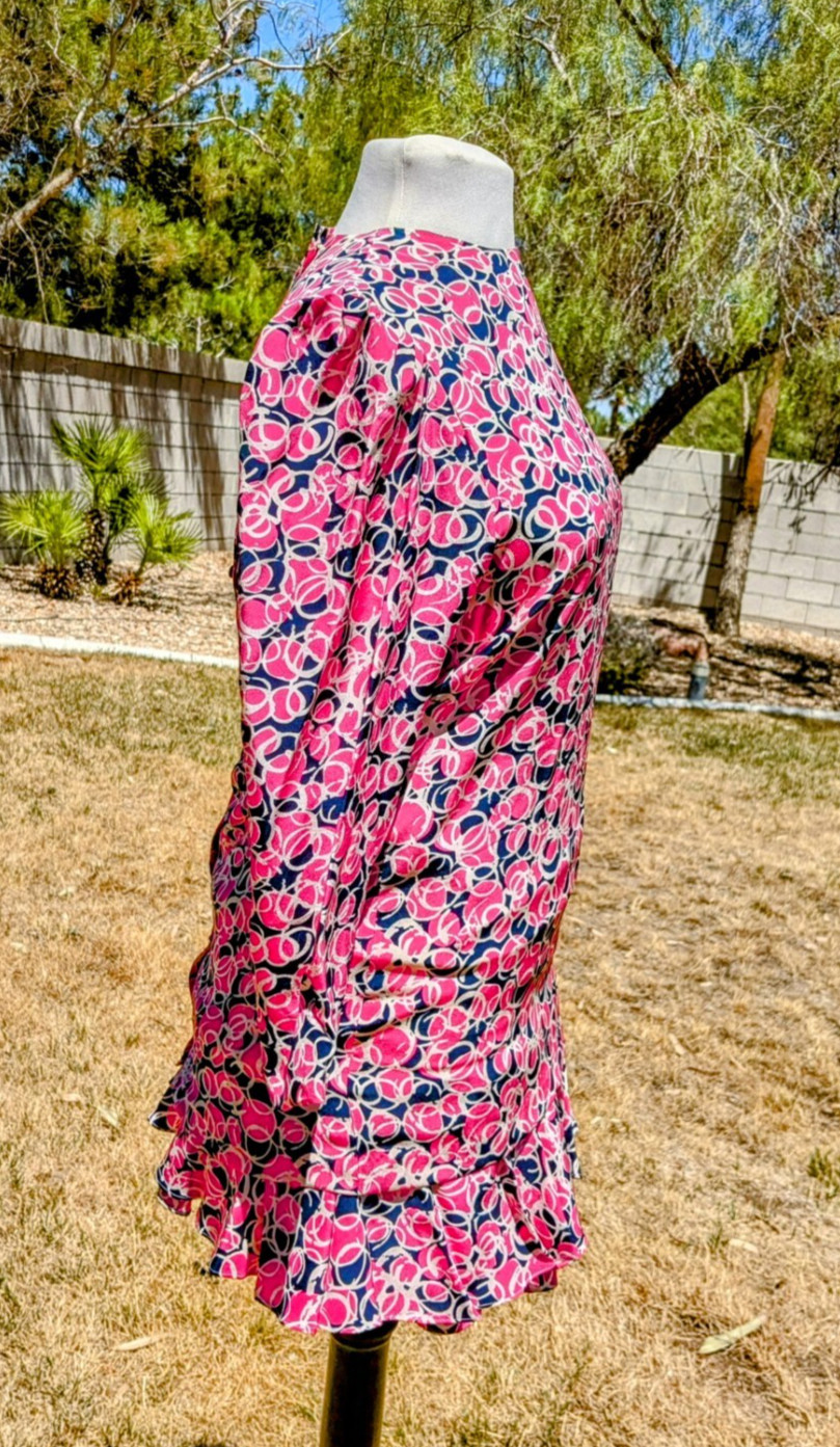 Vintage Silk Studio Button-Down Sz4 2-Pc Pink Circles L/S Top & Skirt Dress EUC
