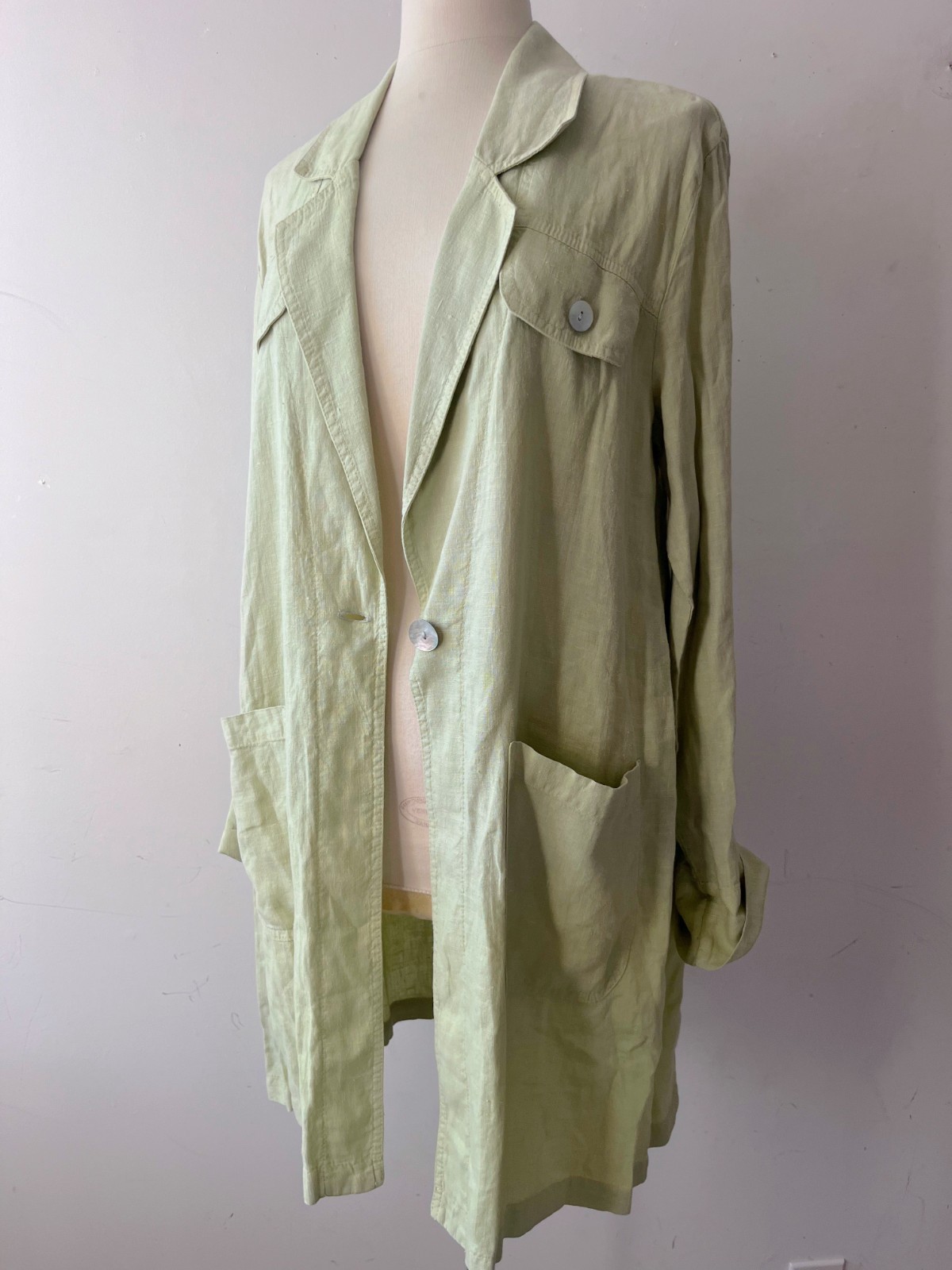 Pistachio Linen Chore Coat Vintage 90s Oversized Quiet Luxury Mother of Pearl