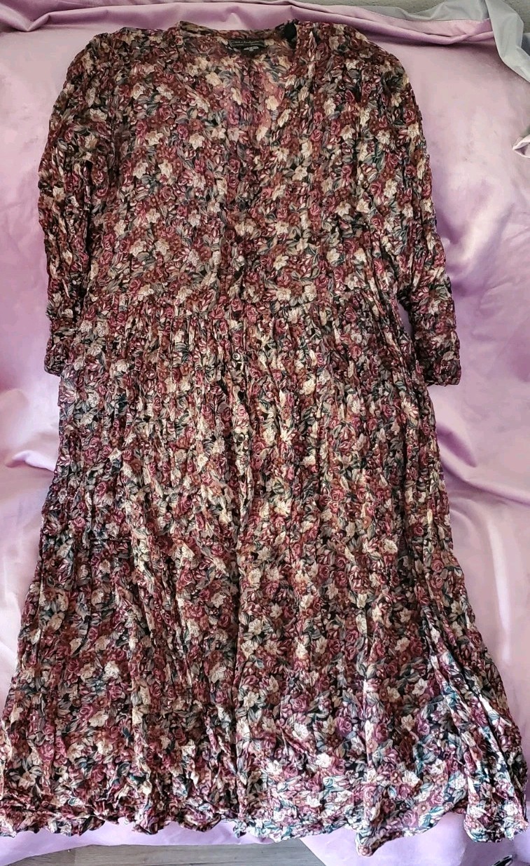 Vintage Nostalgia Dress Floral M Long Sleeve Button-Up Ruffled Semi-Sheer