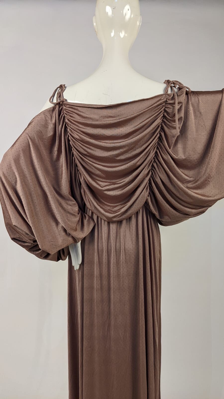 VINTAGE DRAPED METALLIC DOT RAYON LONG DRESS W MASSIVE PUFF SLEEVES 