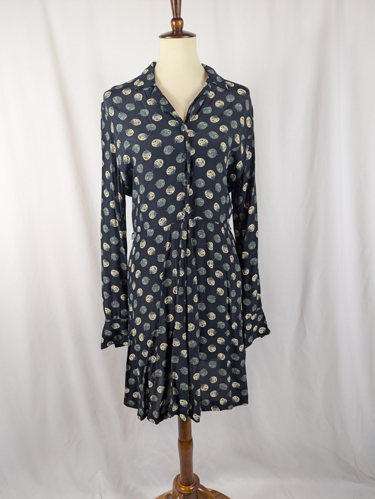 Looks Vintage Dress Blue White Japanese Decorative Paper Fans Print 80s Size 8