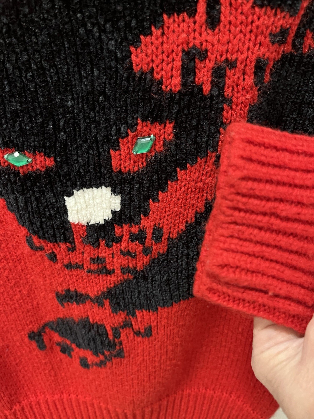 On Cue Women’s Vintage Red Knitted Sweater with Black Panther Design