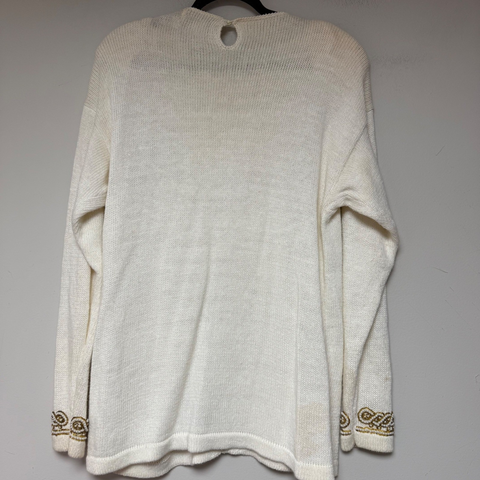 Victoria Harbour Vintage Beaded Sweater Cream Gold Pearl Ramie Cotton Small