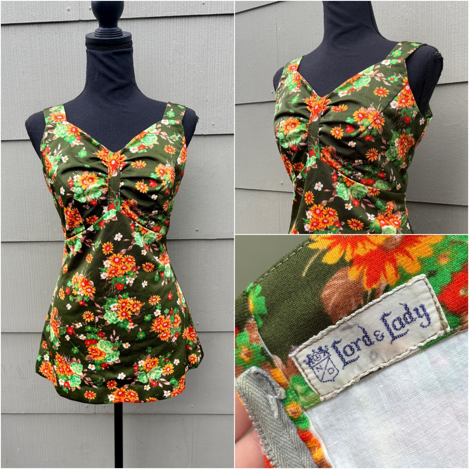vtg 50s 60s MCM Pinup Whimsical Fairy Floral Babydoll Tank Top Metal Zipper Back
