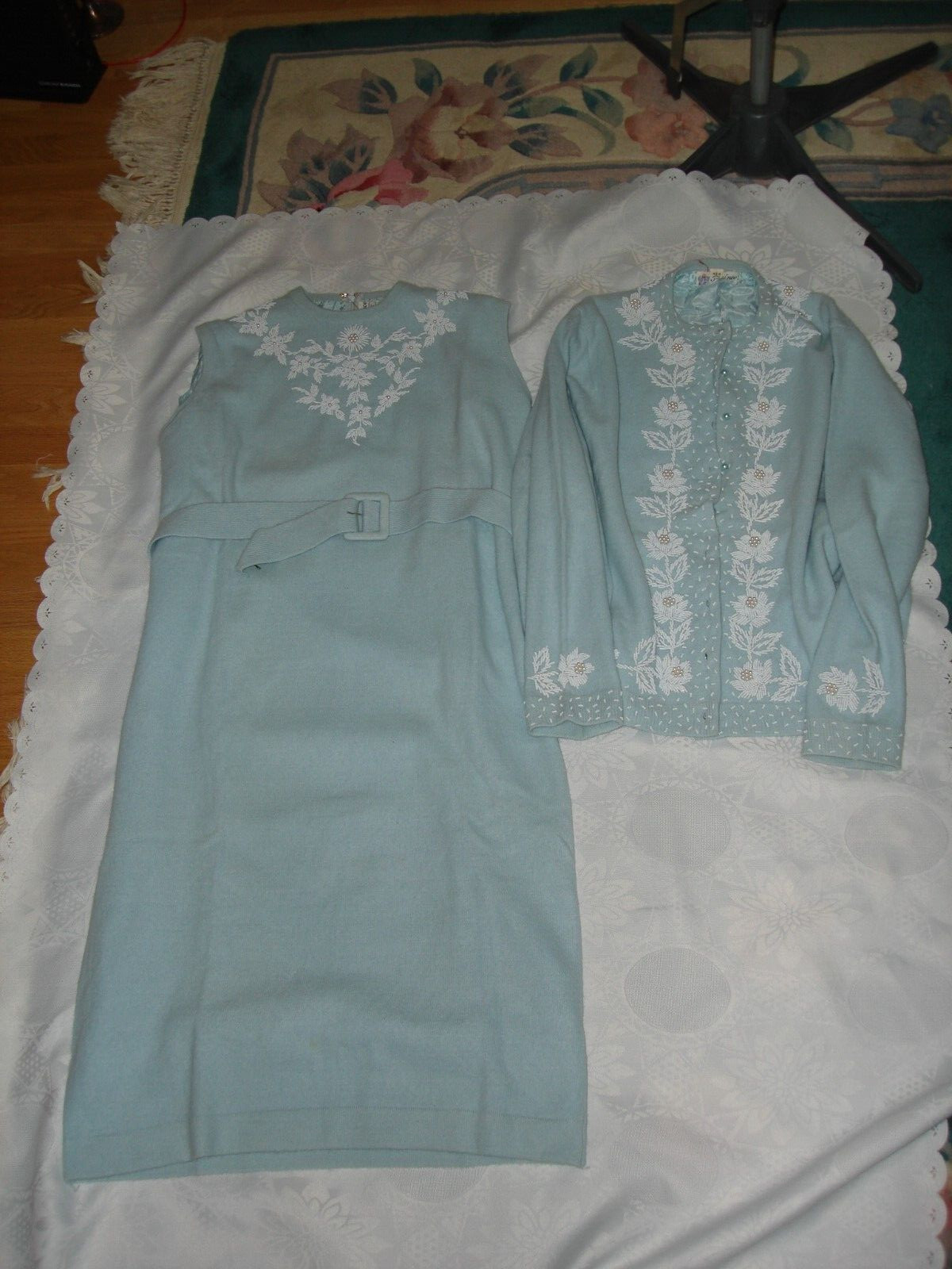 Vtg 50s Prince Beautiful Unique Set Dress Sweater Ice Baby Blue White Beaded M