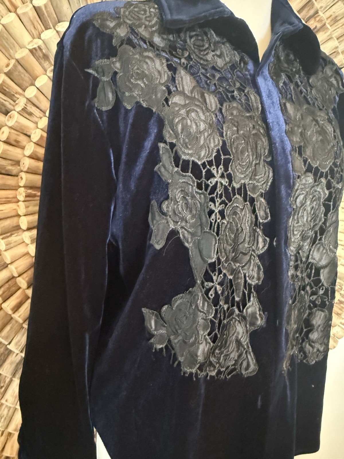 Vintage Elegant Velvet Lace Embroidery Hollow Blouse Women’s