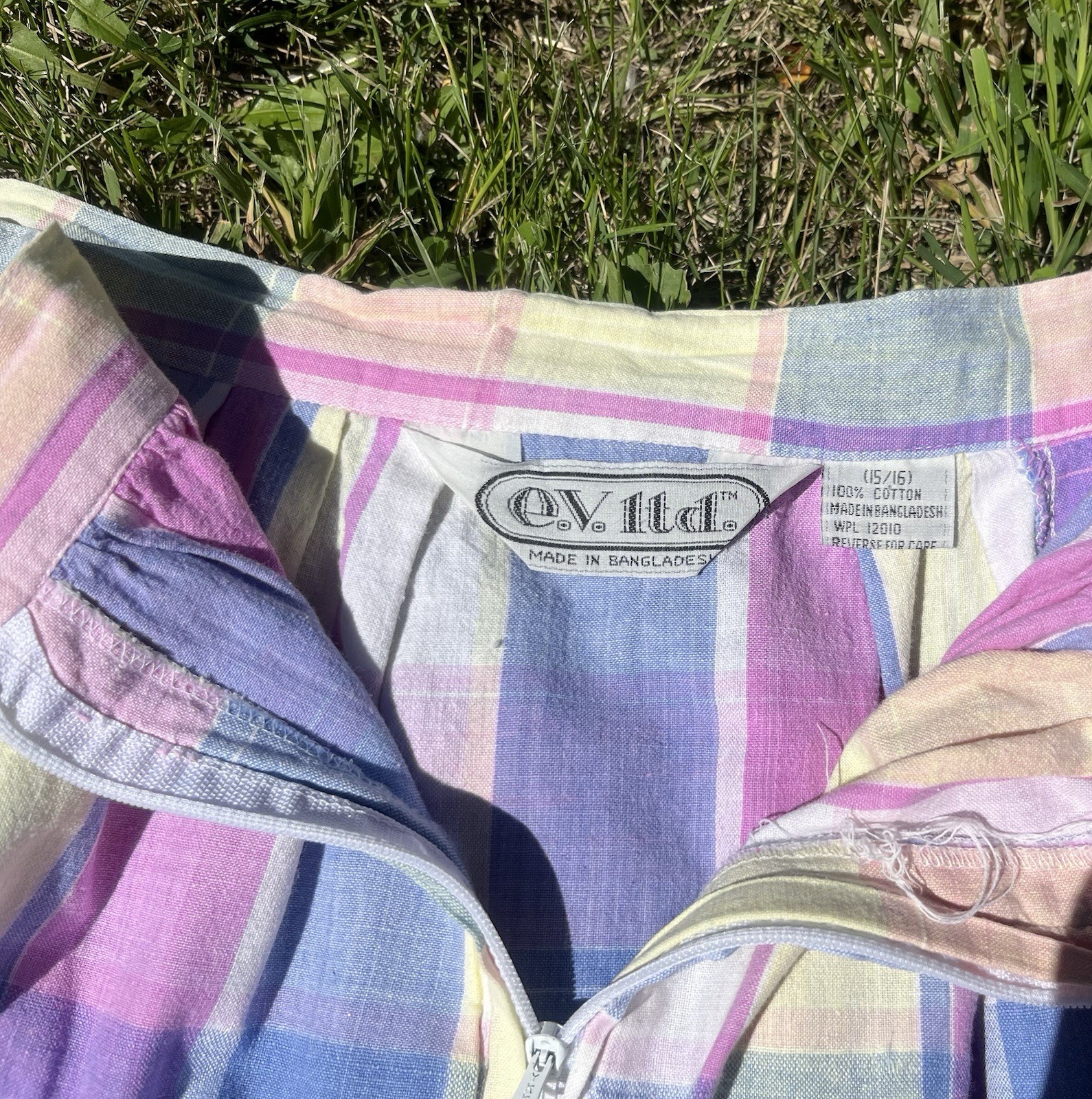 Vintage 1980s E.V. Ltd. Woven Cotton Pastel Plaid Midi Skirt Size L w/ Pockets