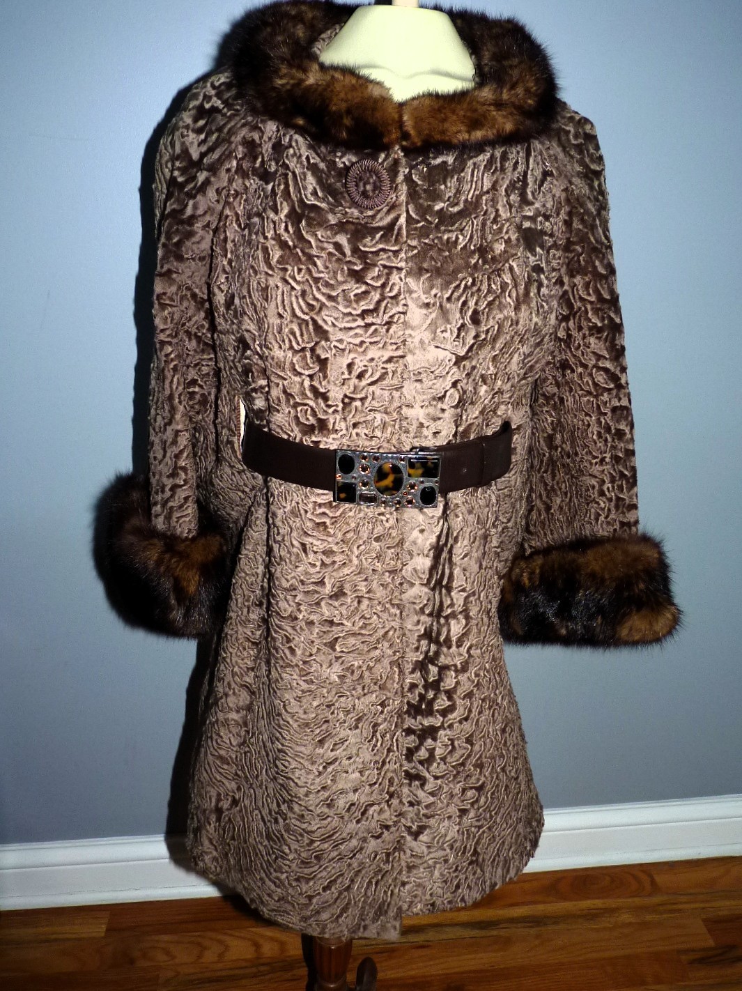 Persian lamb Russian sable collar cuffs coat M