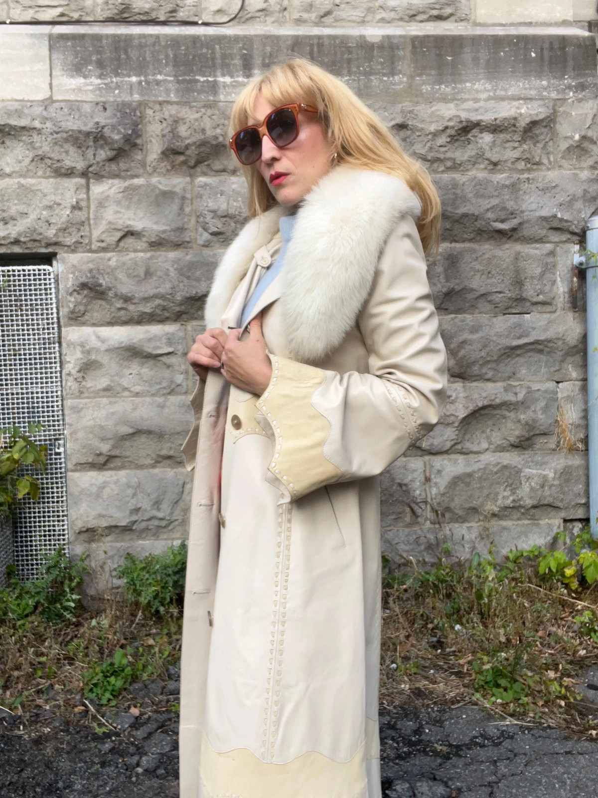 PATCHWORK LEATHER Doe Skin & Cream Lamb Leather Trench Arctic Fox Collar