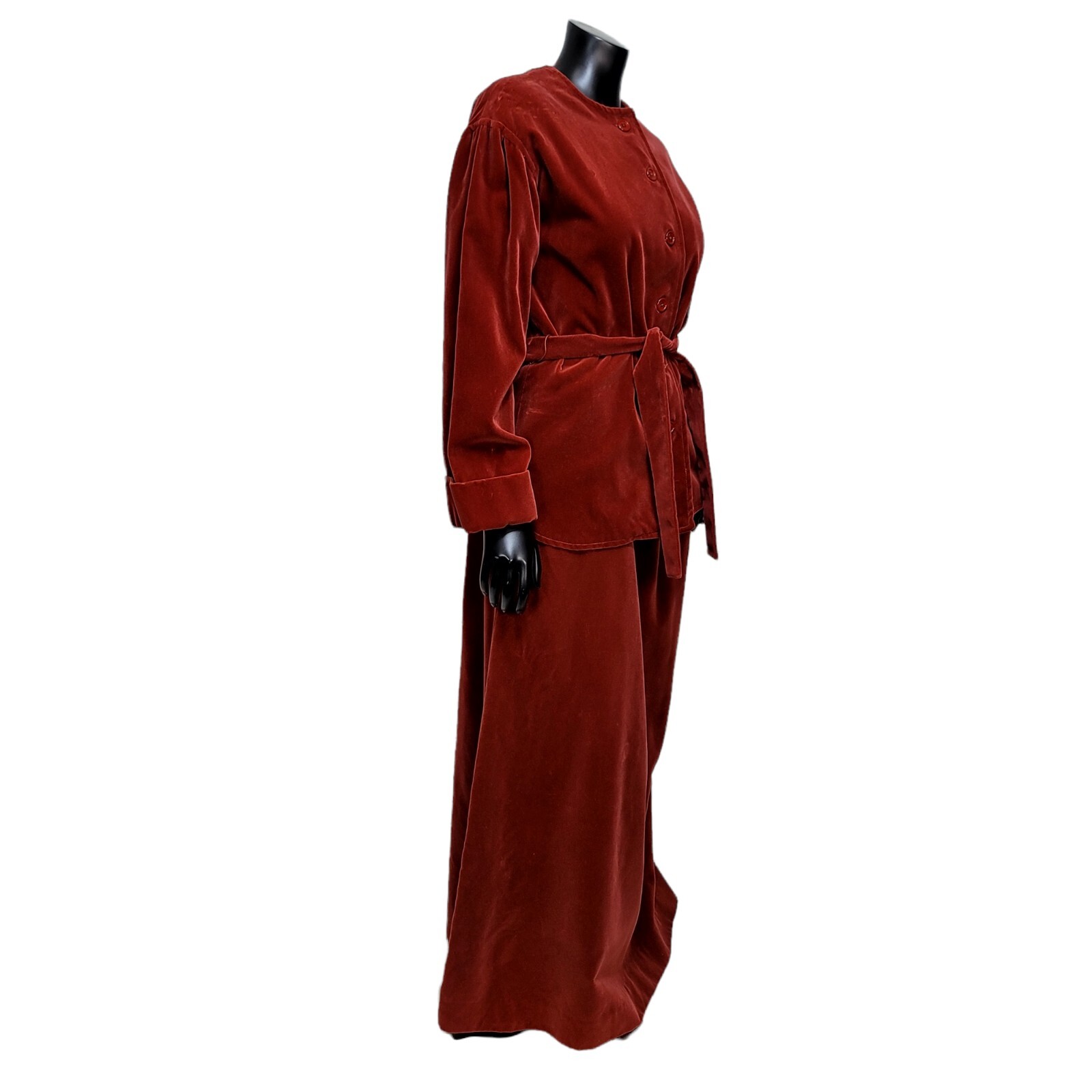 Vintage 70s Lenexa Place Rust Velour 2Pc Skirt Suit Set Belted Maxi USA ILGWU