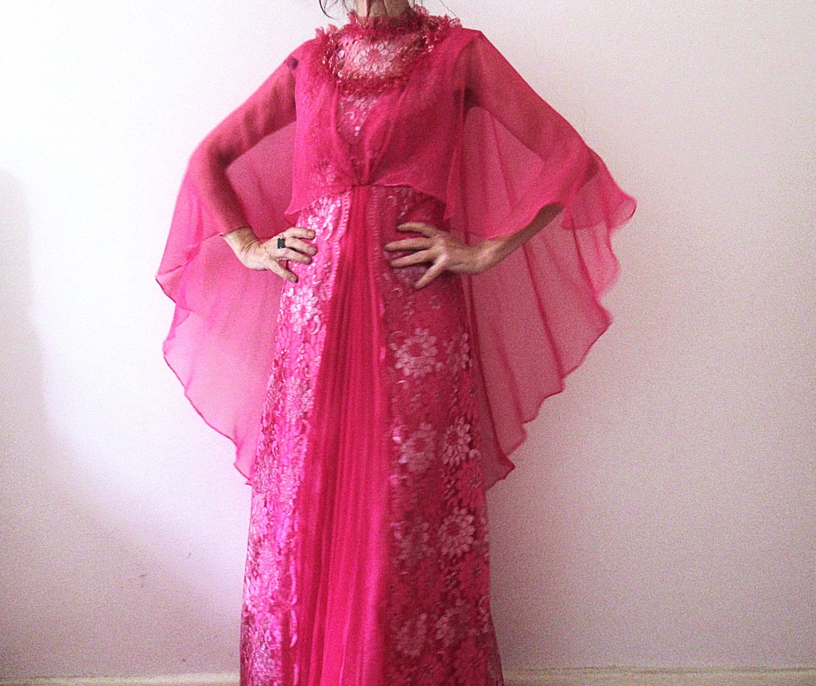 Vintage 70s Pink Lace Goddess Caplet Maxi Dress Small – Fairy Prom Party, Small