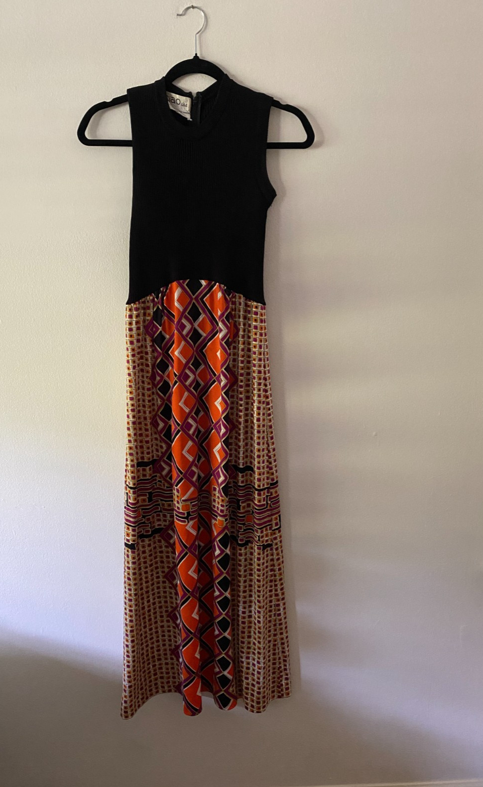 Vintage 1970s Ciao LTD Black Sweater Geometric Colorful Mod Maxi Boho Dress