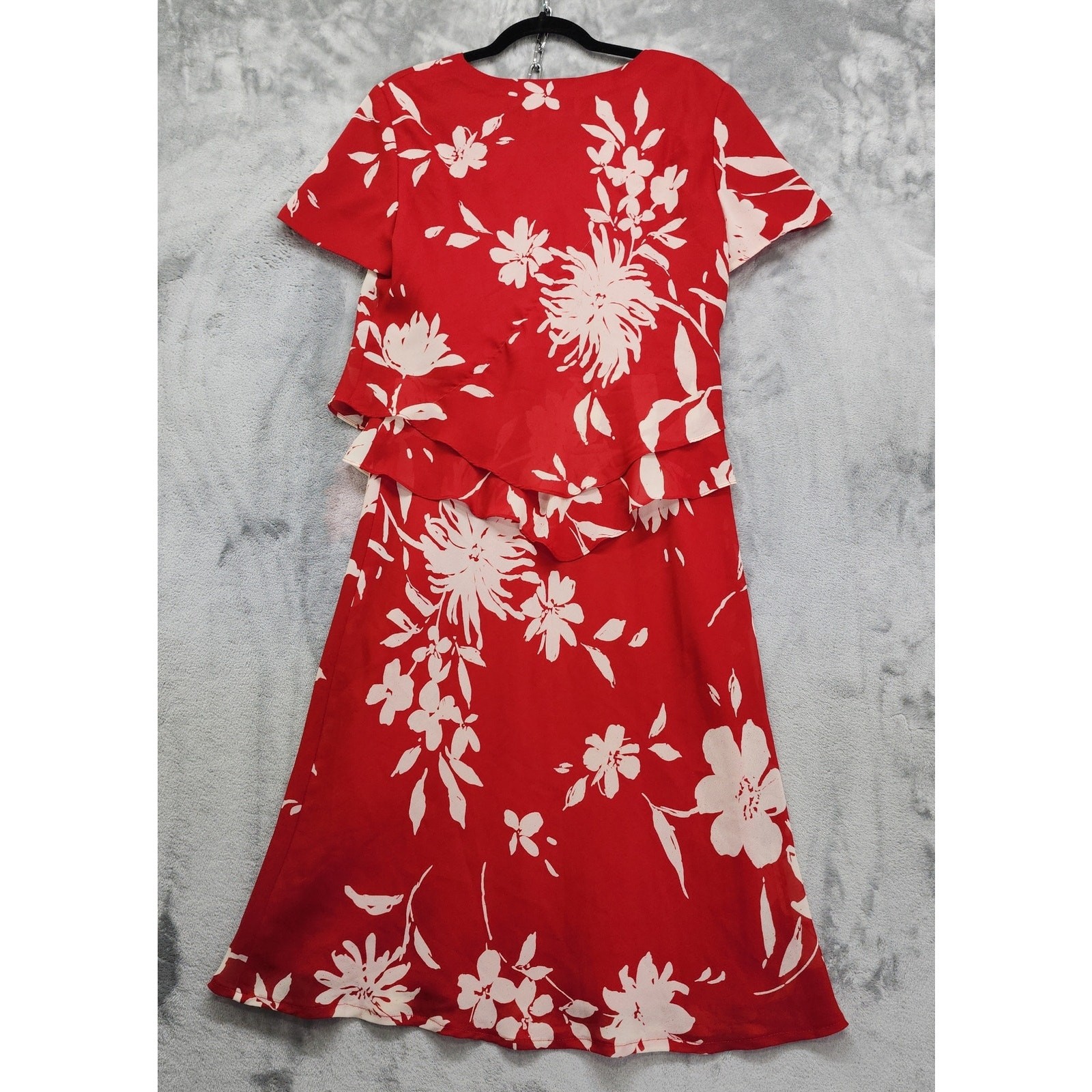 Vintage Donna Ricco Dress Womens 12 Red White Floral Short Sleeve Layered Midi