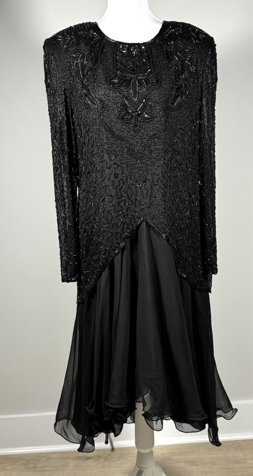 Vintage Carina Black Beaded Silk Evening Gown L/XL Asym Hem Shoulder Pads