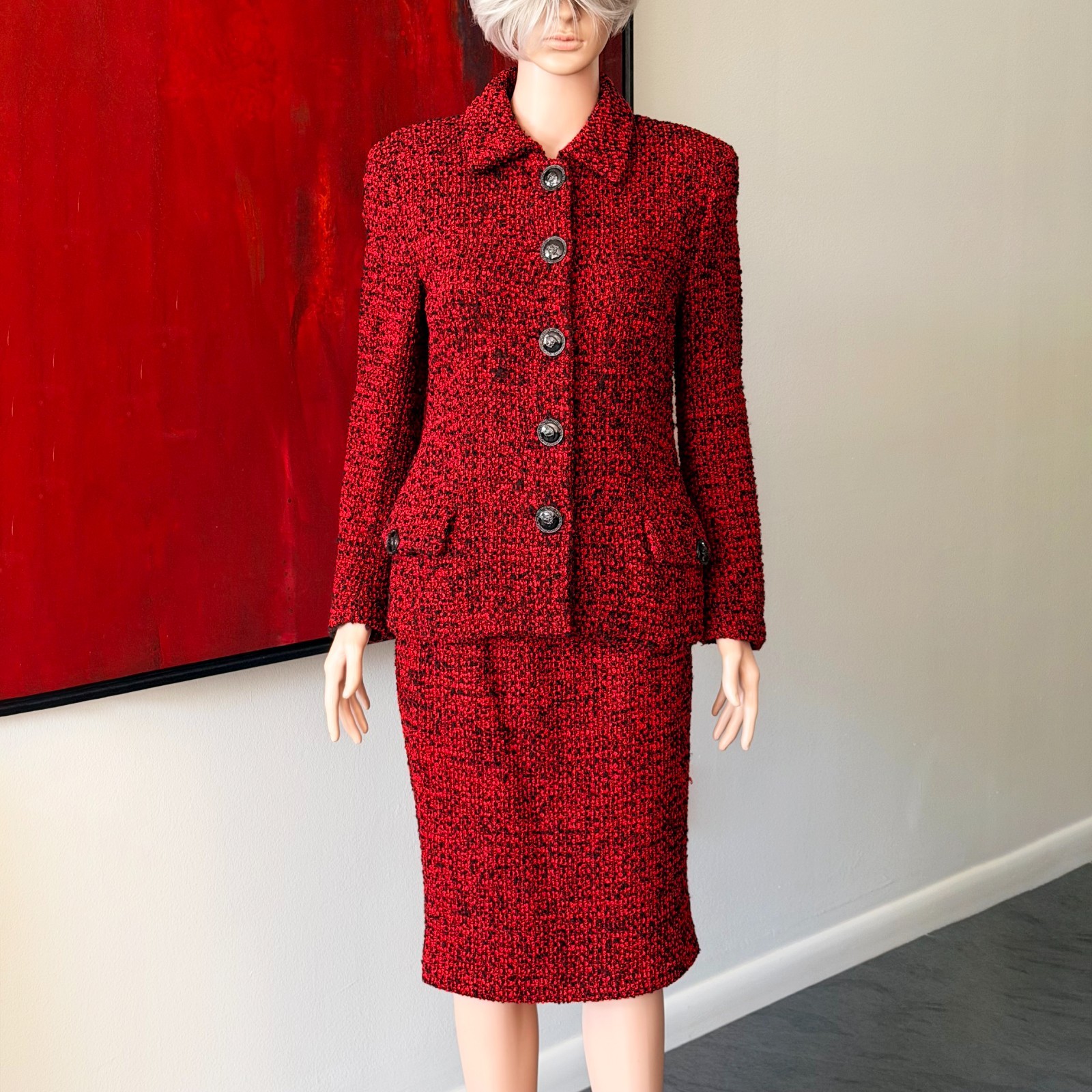 GIANNI VERSACE red wool boucle skirt suit size 42 from F/W 1995/96