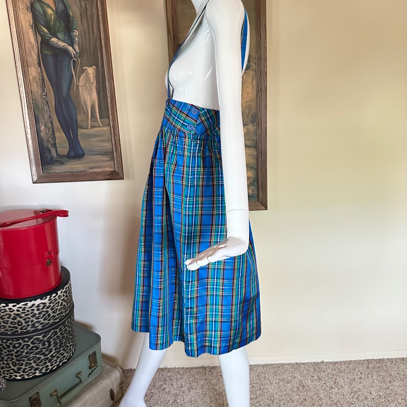 Vintage 1980s Preppy Punk School Uniform Plaid Suspender Jumper Skirt Dress S