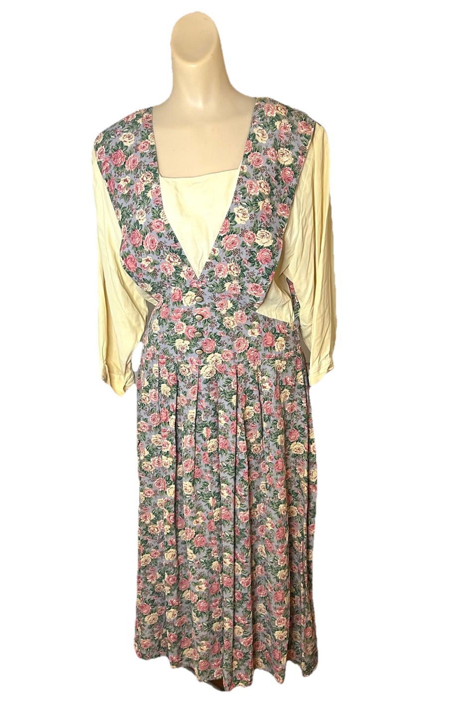 Vtg 80s Prairie Grandmacore Floral Dress Pinafore Attached Blouse Pink Roses