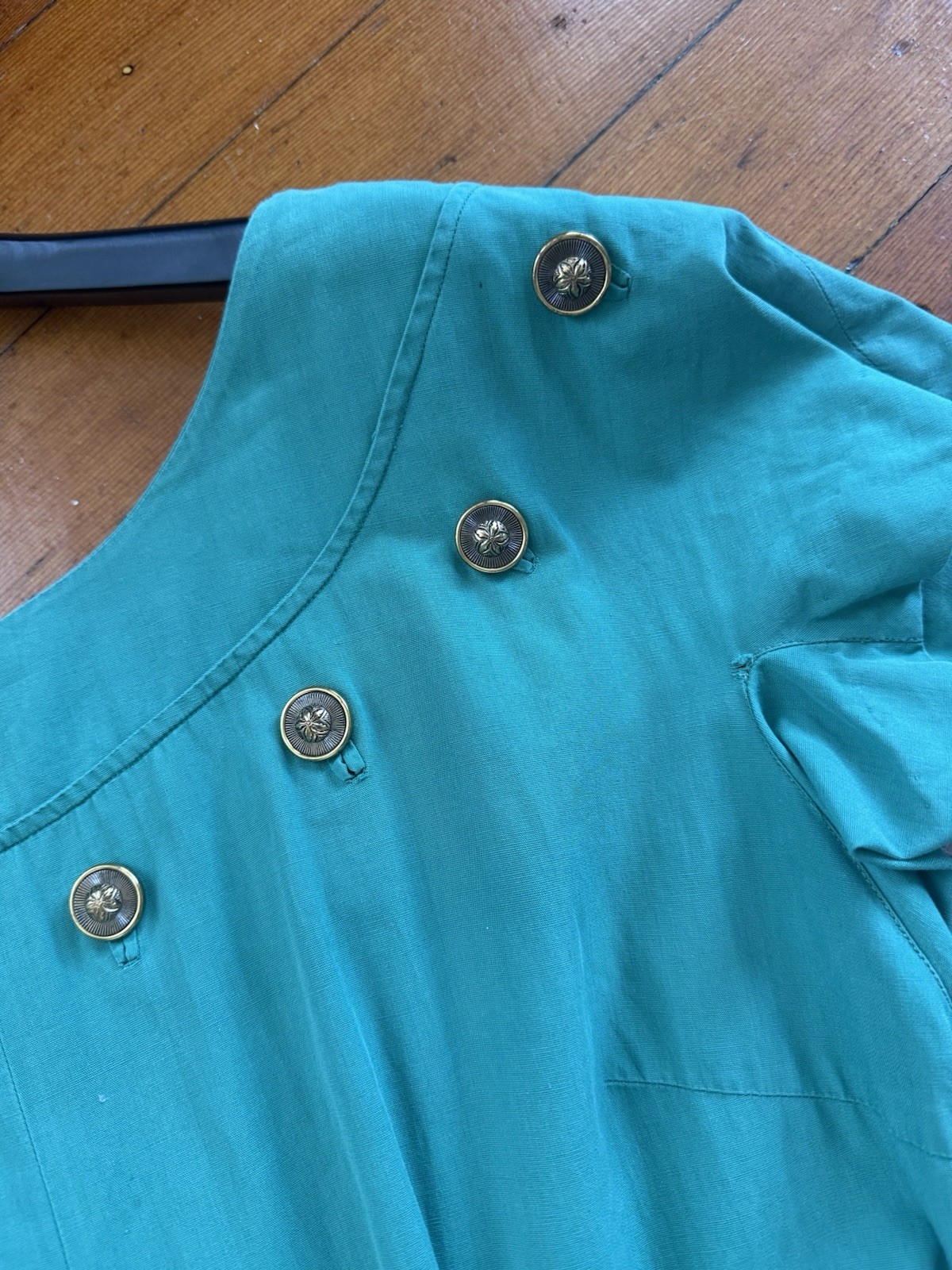 1950s Jade Green Polished Cotton Day Dress Midi Bateau Neck Crest Buttons Resort