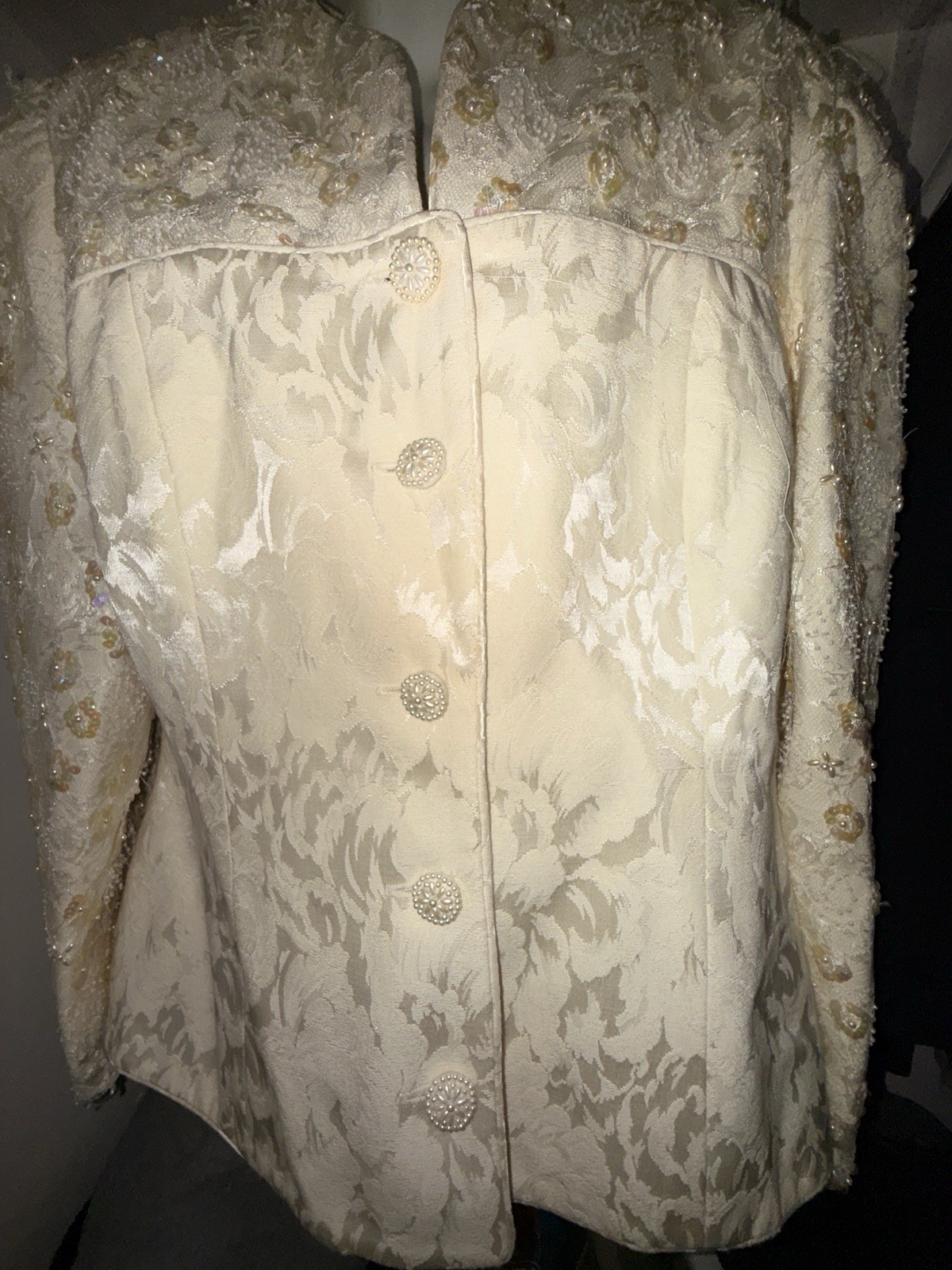 Vintage 1980s Karen Lawrence Ivory Brocade Beaded Sequin Blazer & Skirt Set XL