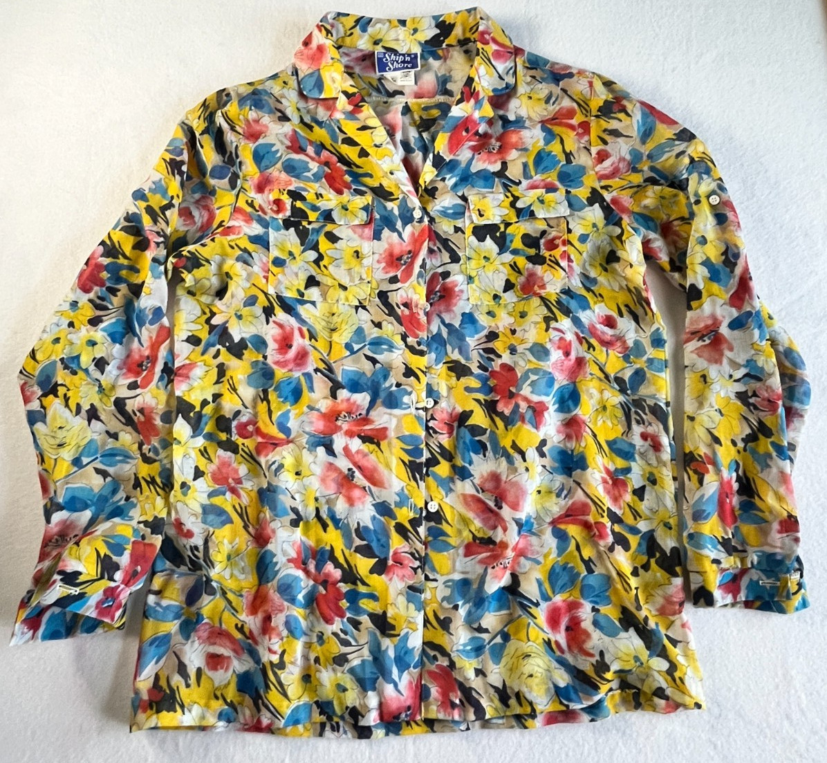 Vintage 80s Watercolor Floral Shirt Womens 12 M Ship’n Shore Lightweight Button