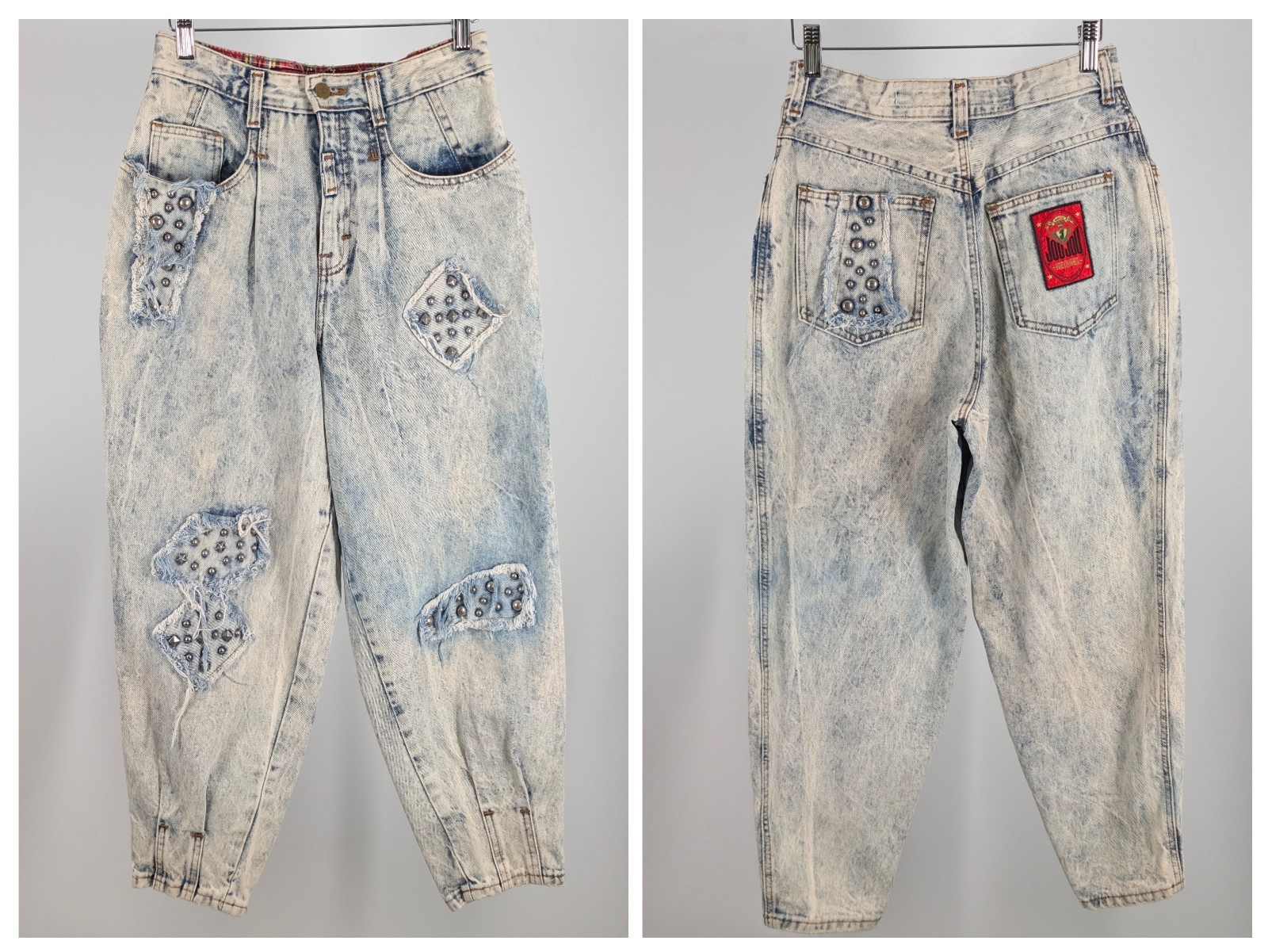 Vintage 1980s Joujou Acid Wash Studded Pleated Tapered Mom Jeans Flannel USA 27