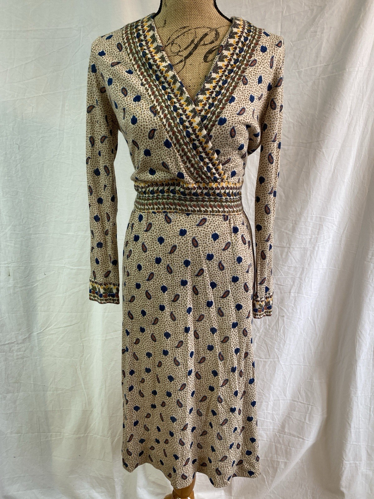 Vintage 70s Midge Grant Career Dress Wrap Bodice Inset Waist Paisley Modern 4