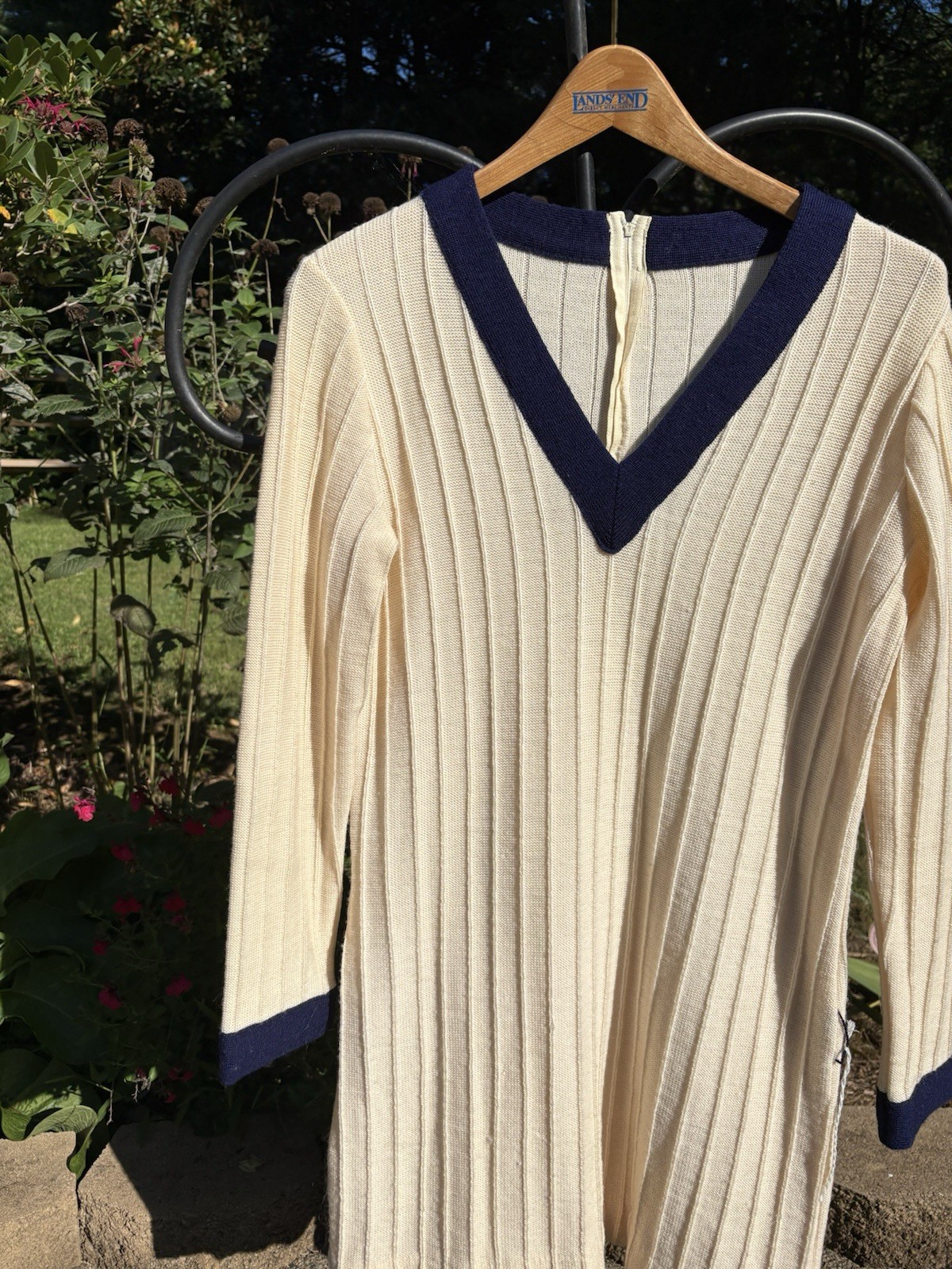 Vintage 1950s Cream And Navy V Neck Sweater Knit Dress Preppy School