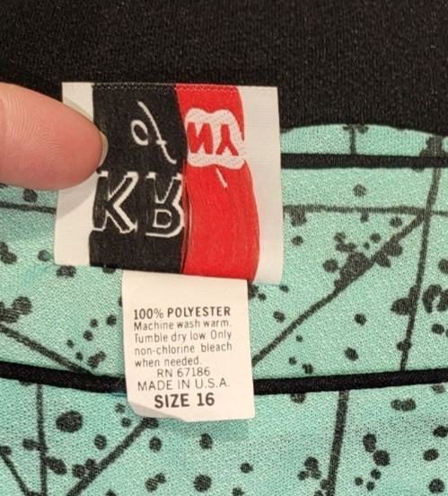 Vtg 80s KR of NY Awesome MINT GREEN BLACK GEO Print Top Black Skirt BOW Dress 16