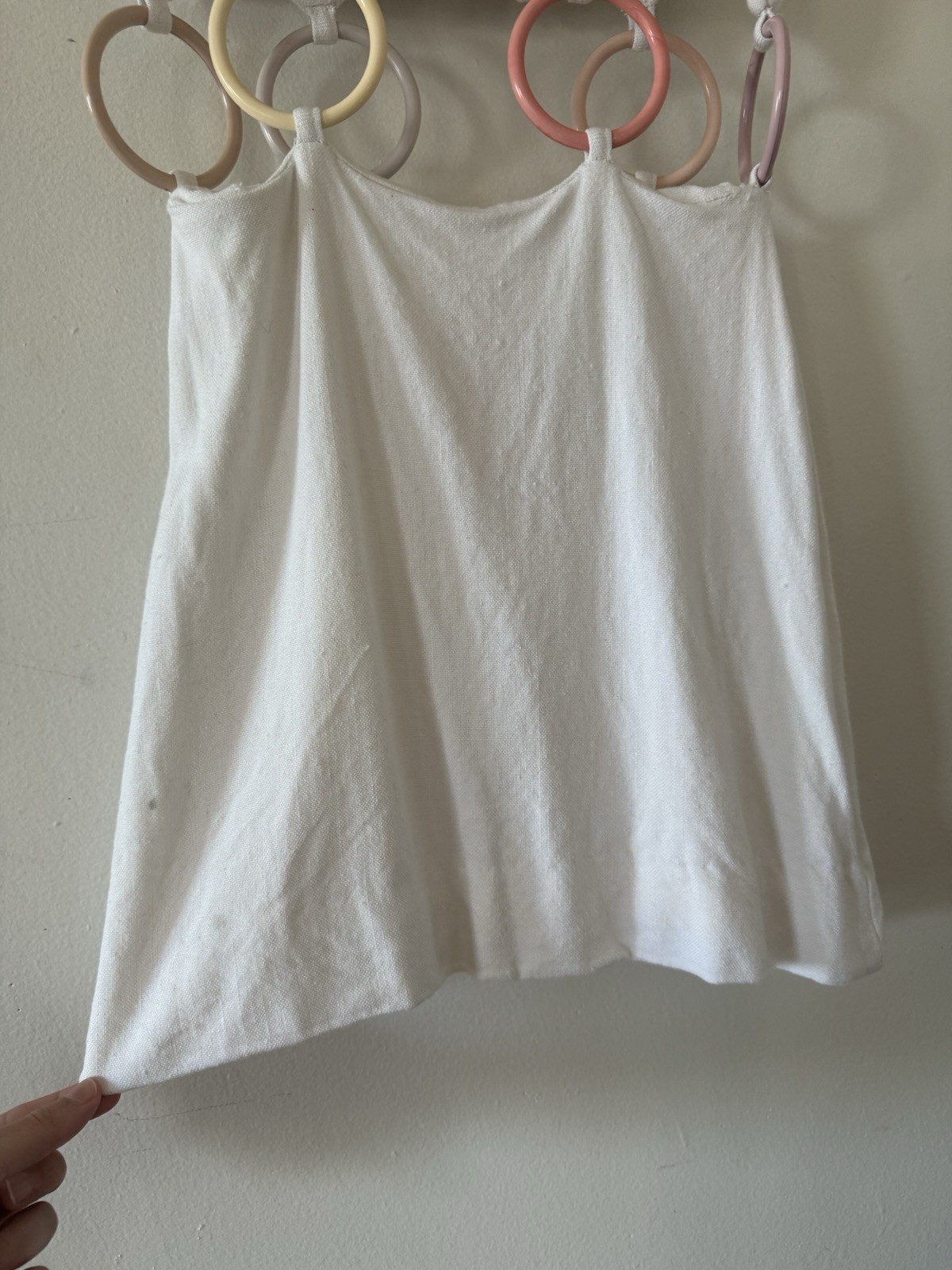 1960s Mod Space Age Linen Cutout Waist A-Line Mini Dress Lucite Rings Go-Go XS
