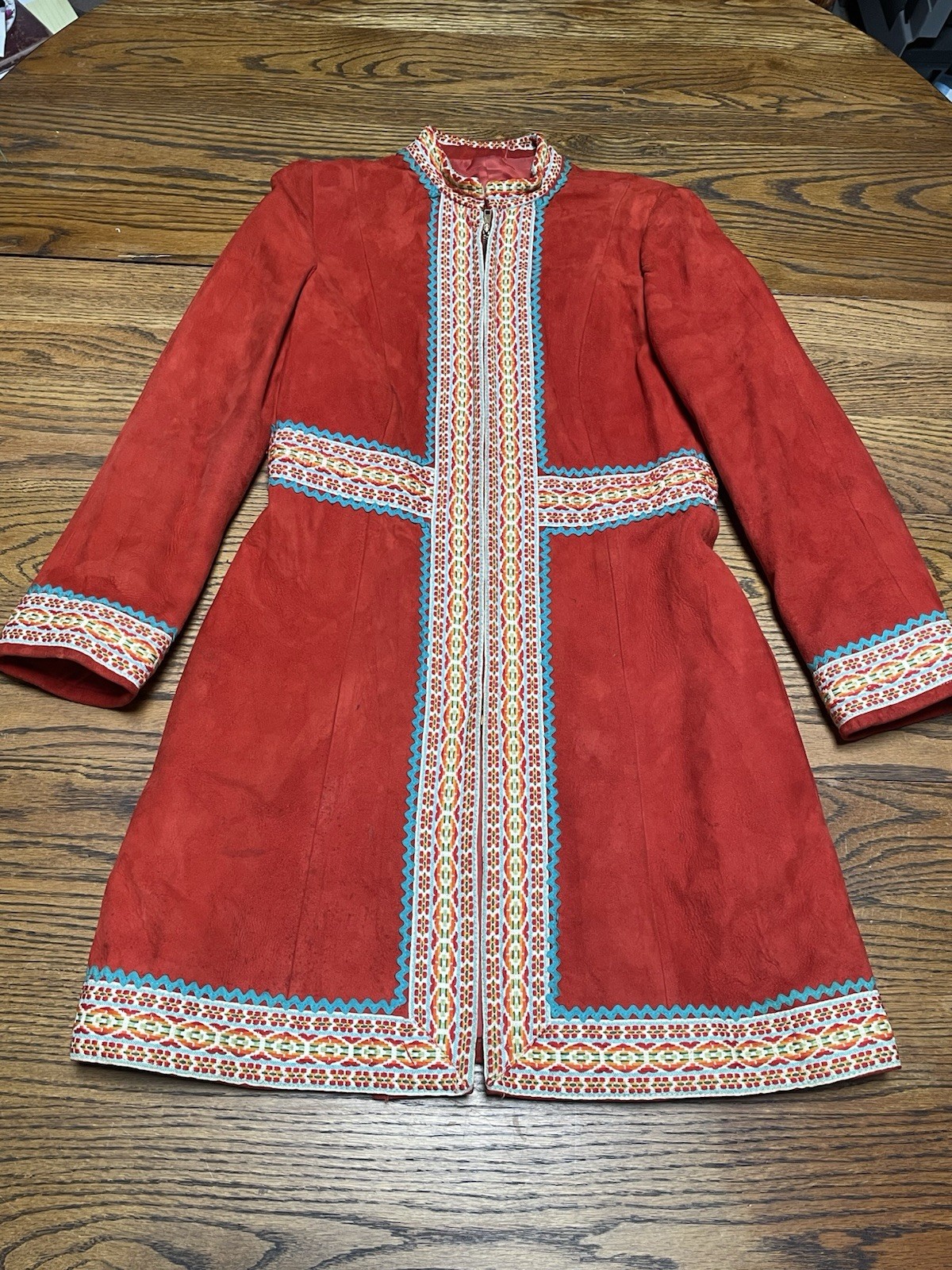 Vintage Bohemian “Suede” Sherpa Style Jacket Red Orange Boho Retro 60s 70s