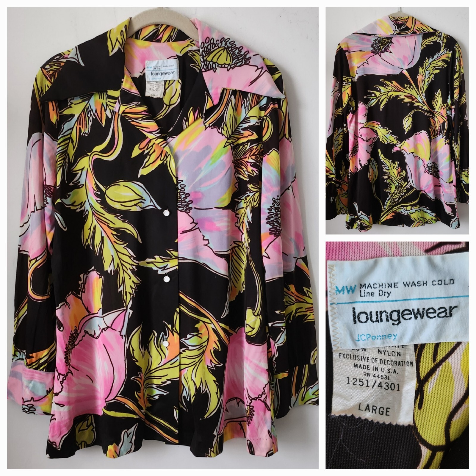 Vintage JCPenny Loungewear Large Pink Poppy Flower Pointy Collar Shirt L USA