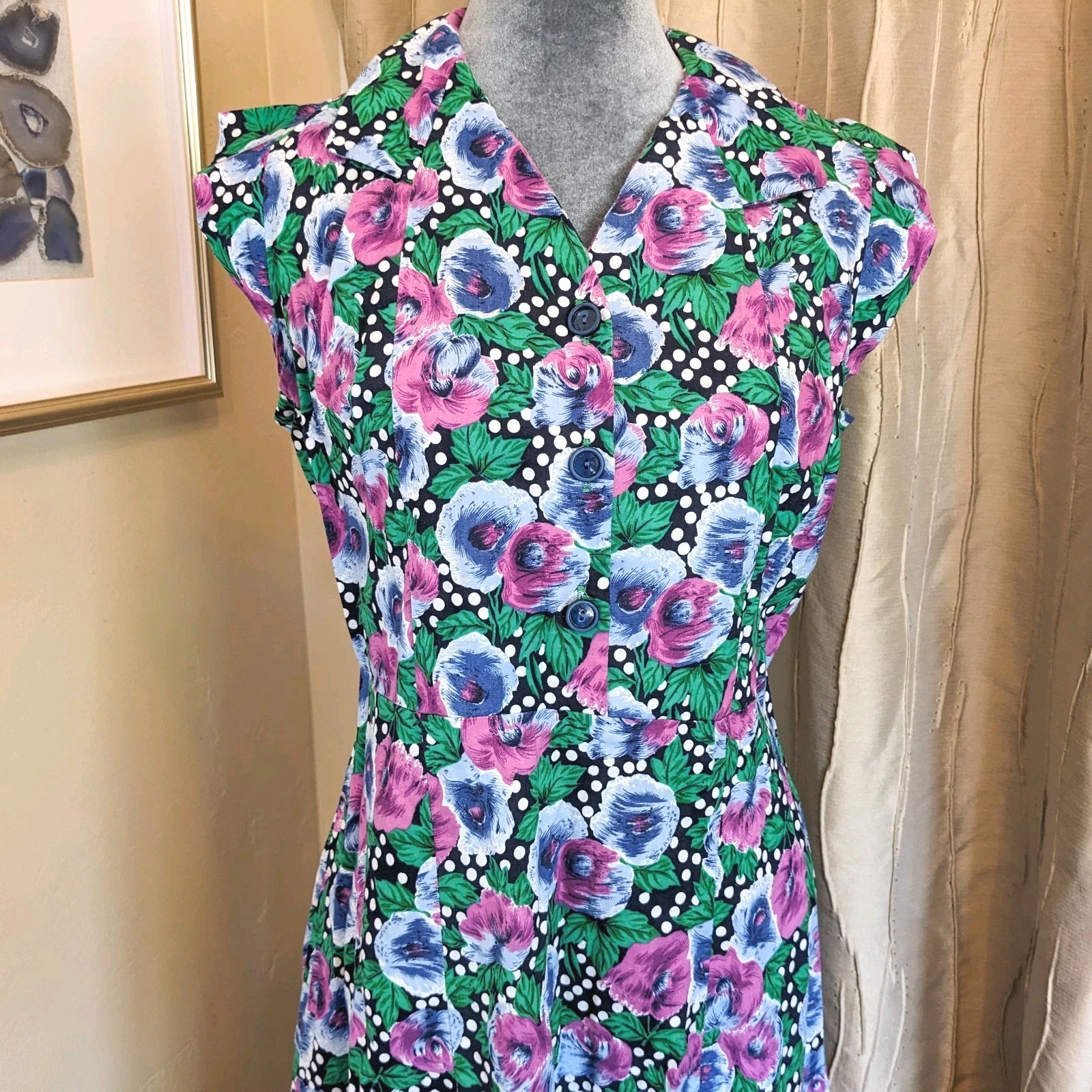 Vintage Handmade Polka Dot Floral Shirt Dress L Button Up Front Cottagecore Midi
