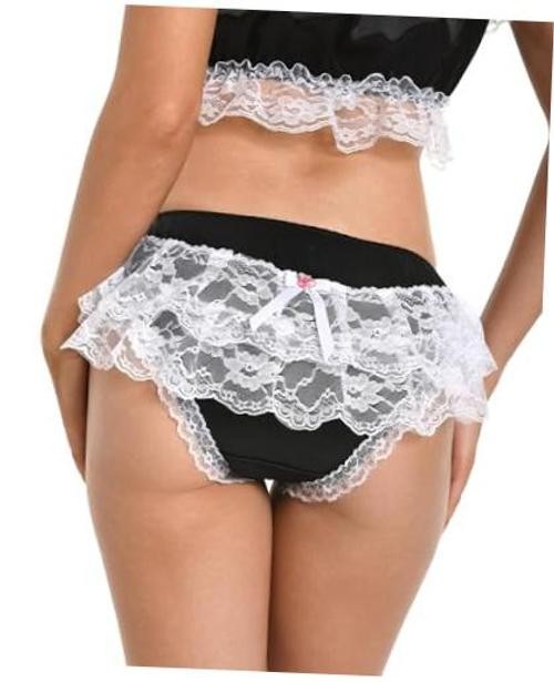 Frilly Sissy Soft Lace Knickers Briefs Satin Panties XX-Large Black – White