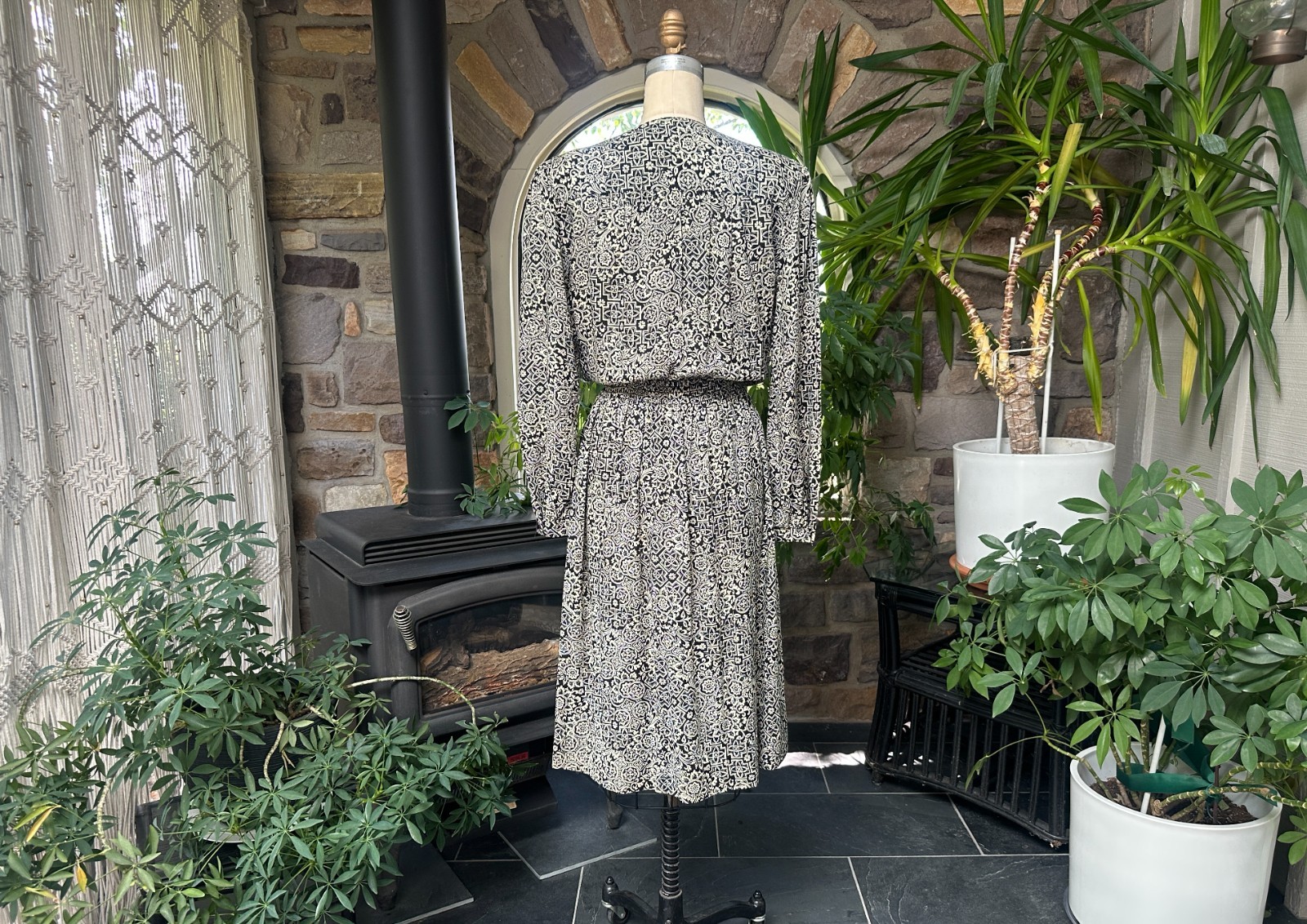 Vintage 1980s Vintage Black and Ivory Rayon Dress Taurus II