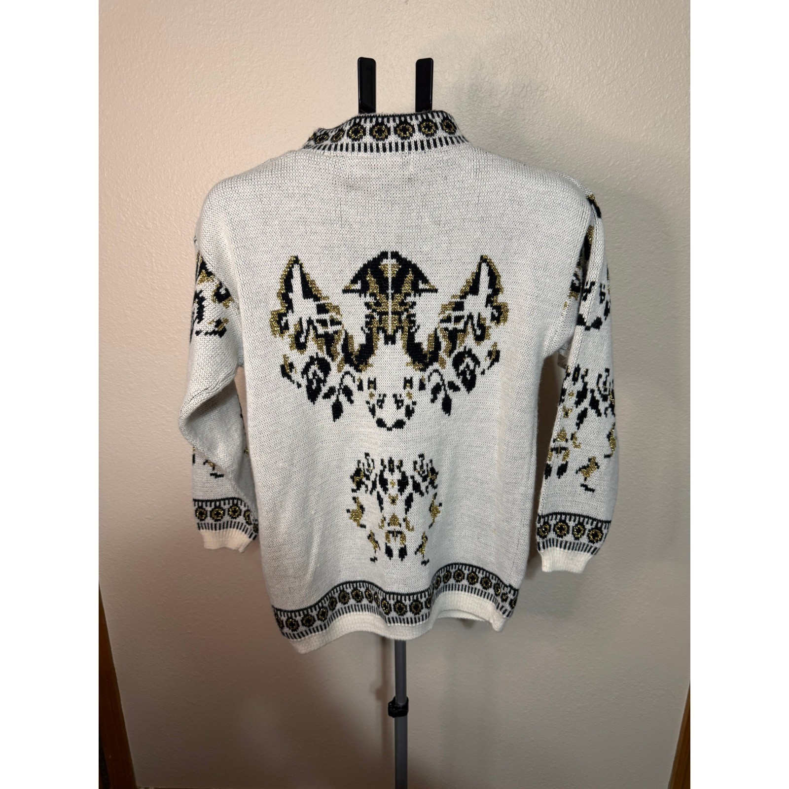 Vintage Bramble Lane Metallic Gold Black Intarsia Mock Neck Sweater Womens M