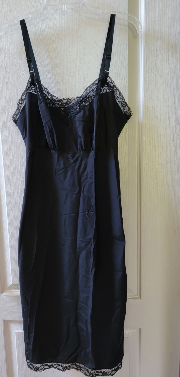 Barbizon Vintage Black Full Slip-Dress Size 16 Crepe Remarque Lace 50’s