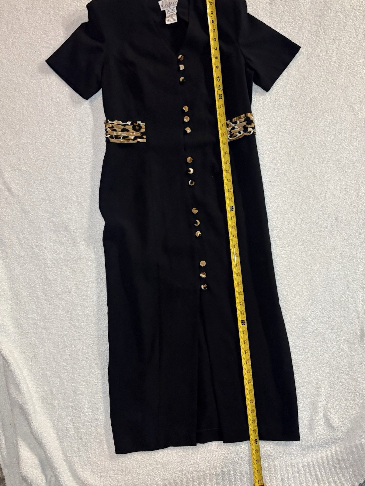 90s Button Front Black Dress with Leopard Print Accents Size 8 Miss Dorby