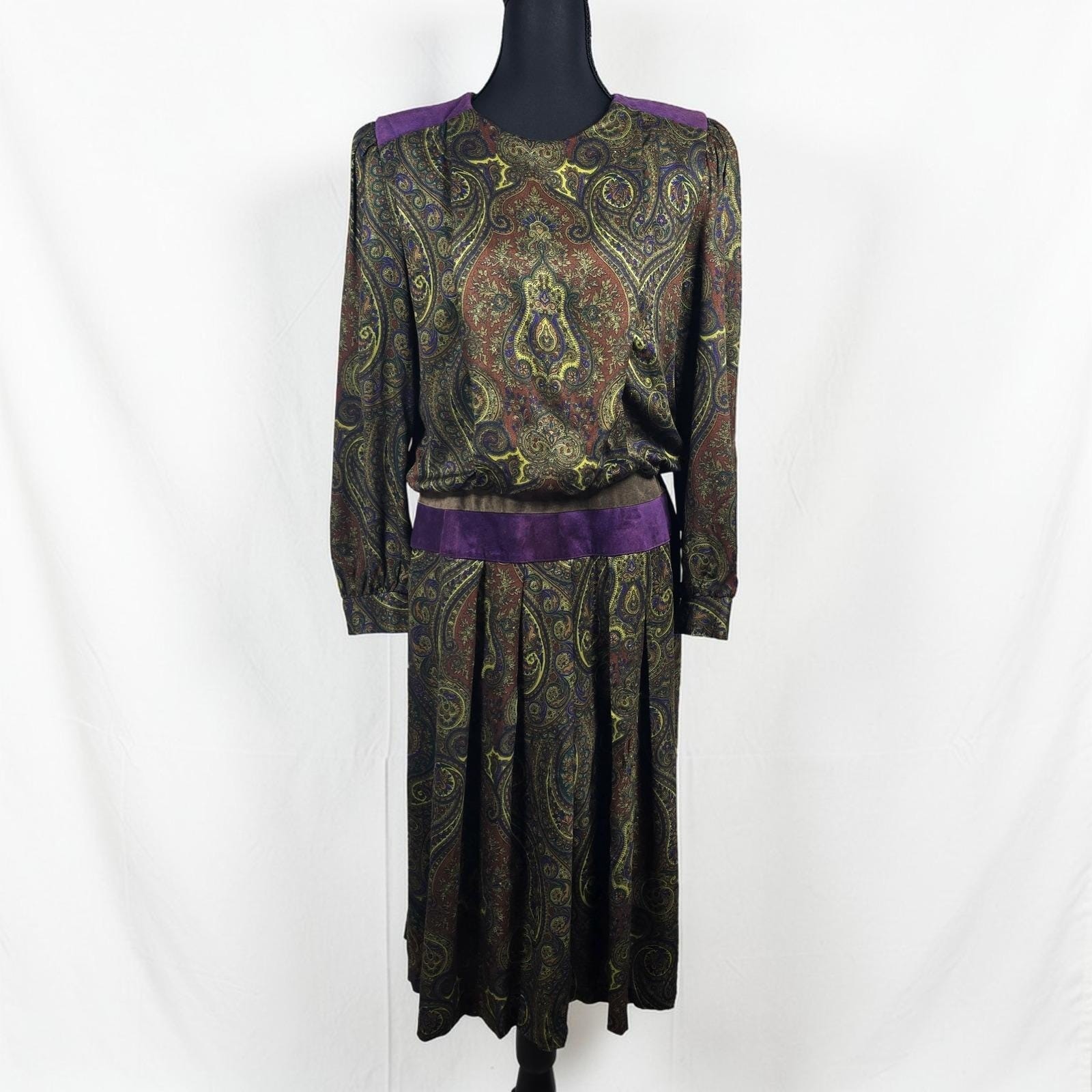 Vintage Patty O’Neil Petites Paisley Midi Dress Purple Suede Trim Rayon Size 12