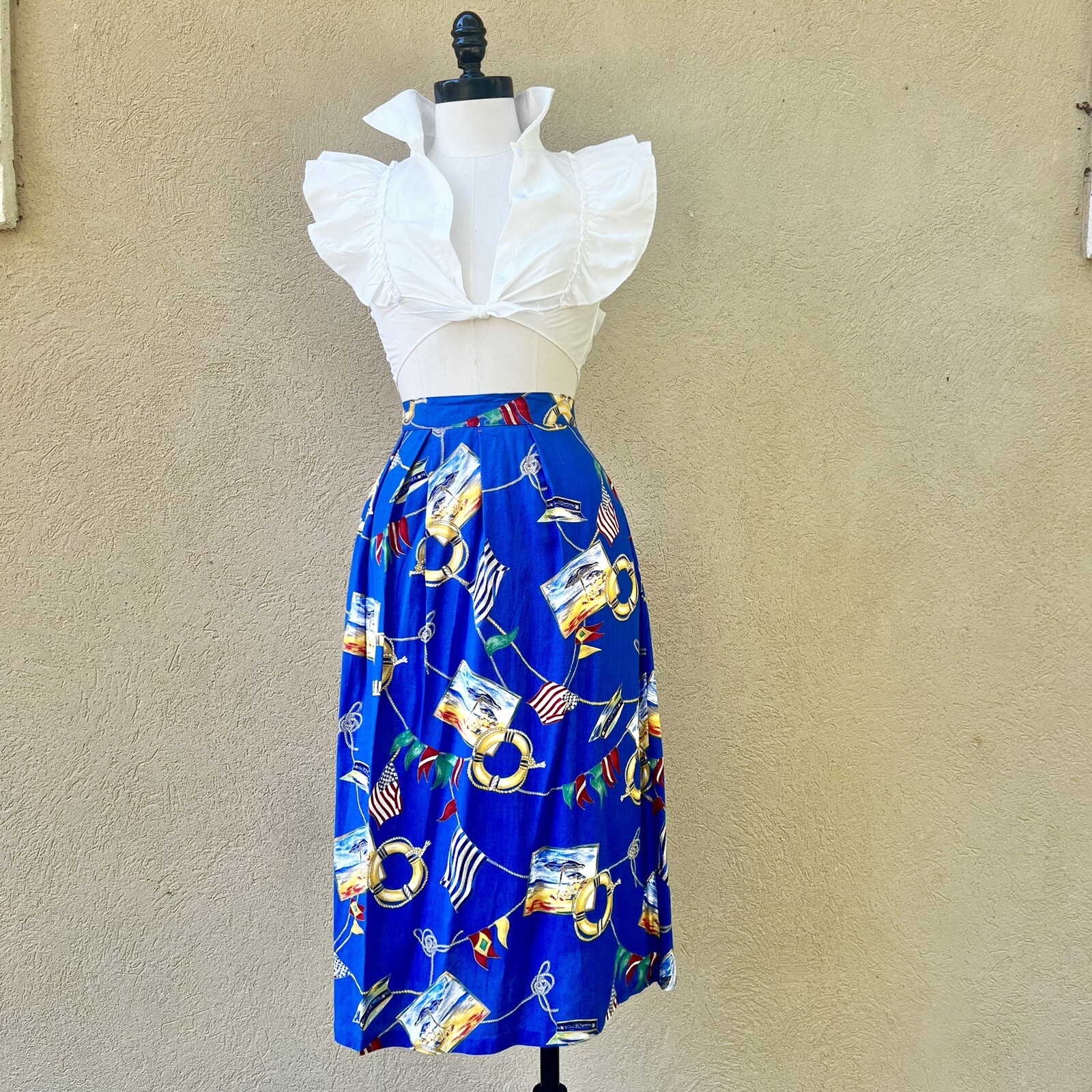 MARITIME NAUTICAL Sailing Yacht 90s 1990’s Vintage Novelty Print Rayon Skirt XL